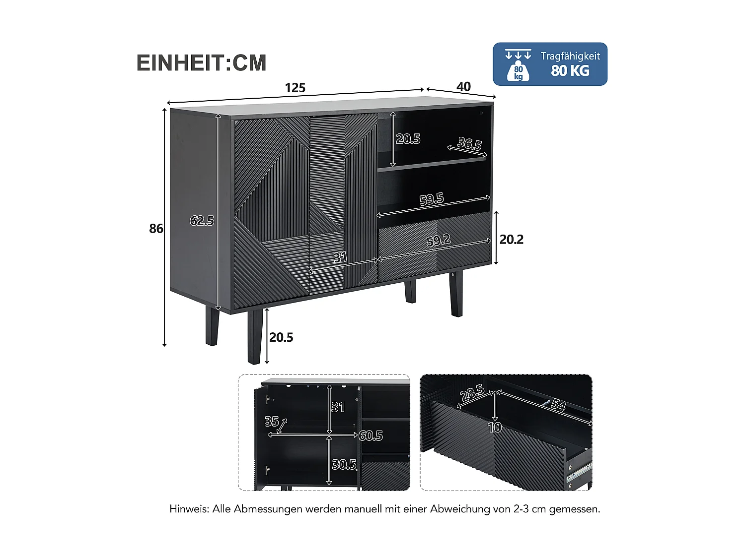 Eetkamer dressoir met 2 deuren, 1 lade en open opbergruimte - hout - zwart (125x40x86 cm)