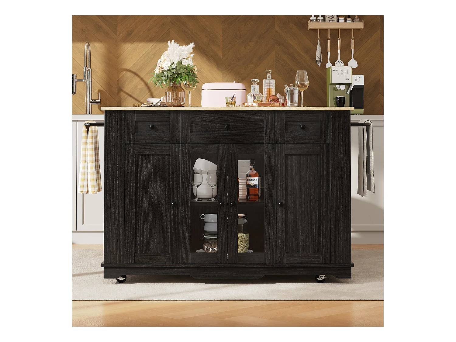 Desserte de cuisine 151.5x(60-85)x91.7 cm 4 portes et 3 tiroirs Îlot de cuisine en bois avec plateau extensible  - noir