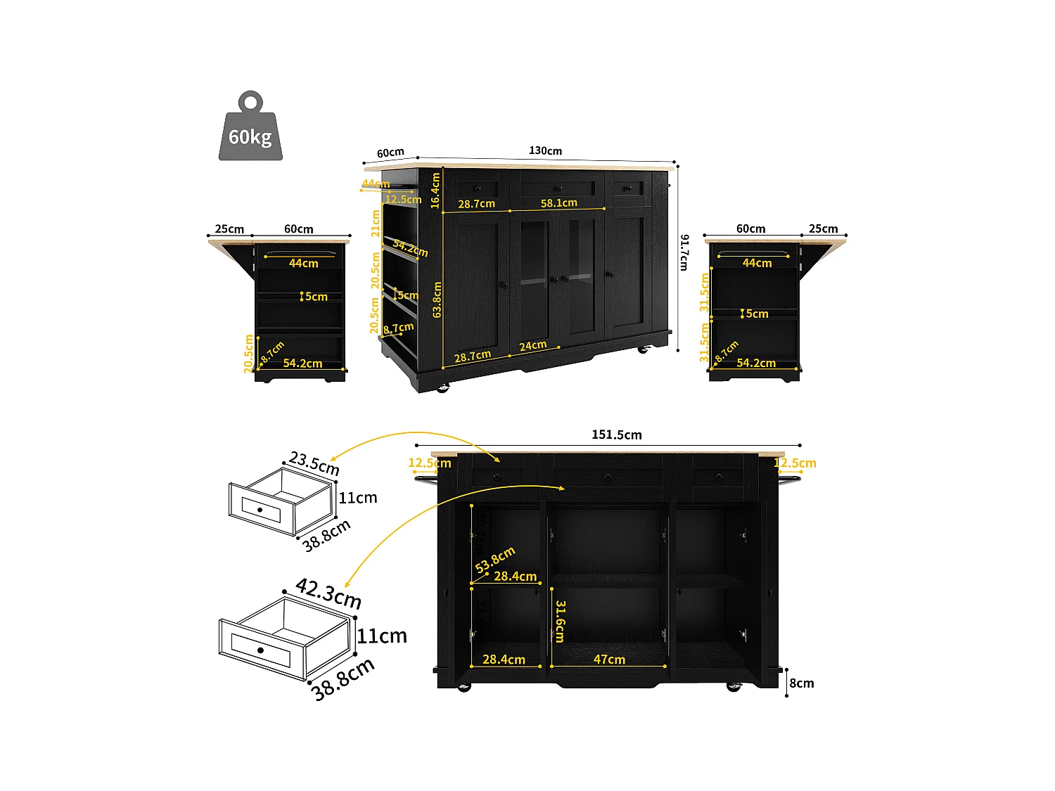 Desserte de cuisine 151.5x(60-85)x91.7 cm 4 portes et 3 tiroirs Îlot de cuisine en bois avec plateau extensible  - noir