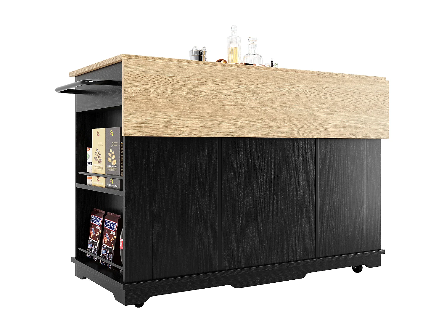 Mobiele keukentrolley 4 deuren en 3 laden Houten keukeneiland met uitschuifbaar blad 151,5x(60-85)x91,7 cm - zwart