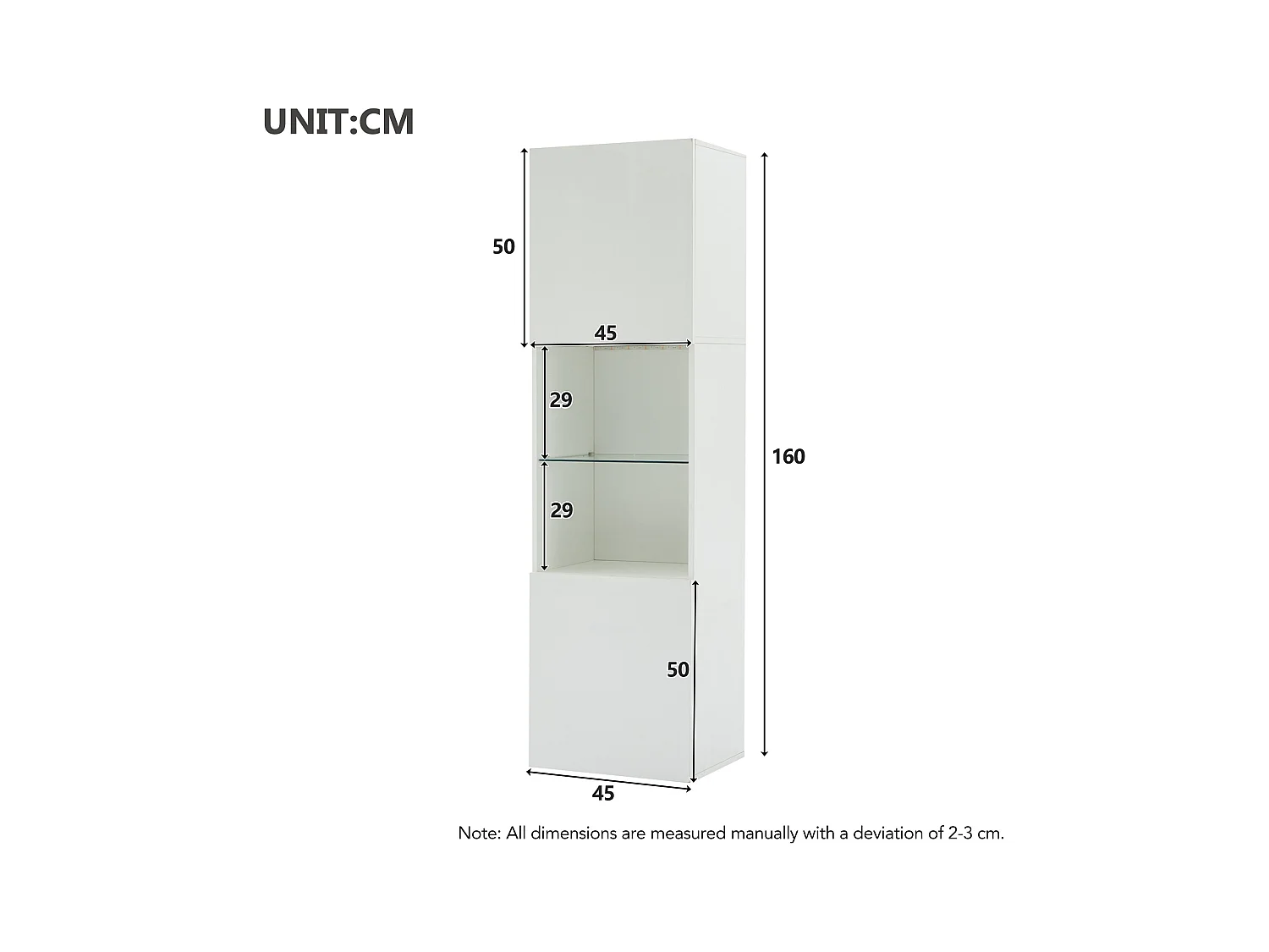 LED boekenkast vitrinekast met 2 deuren en 1 glazen plank - opbergmeubel - hout - wit (45x35x160 cm)
