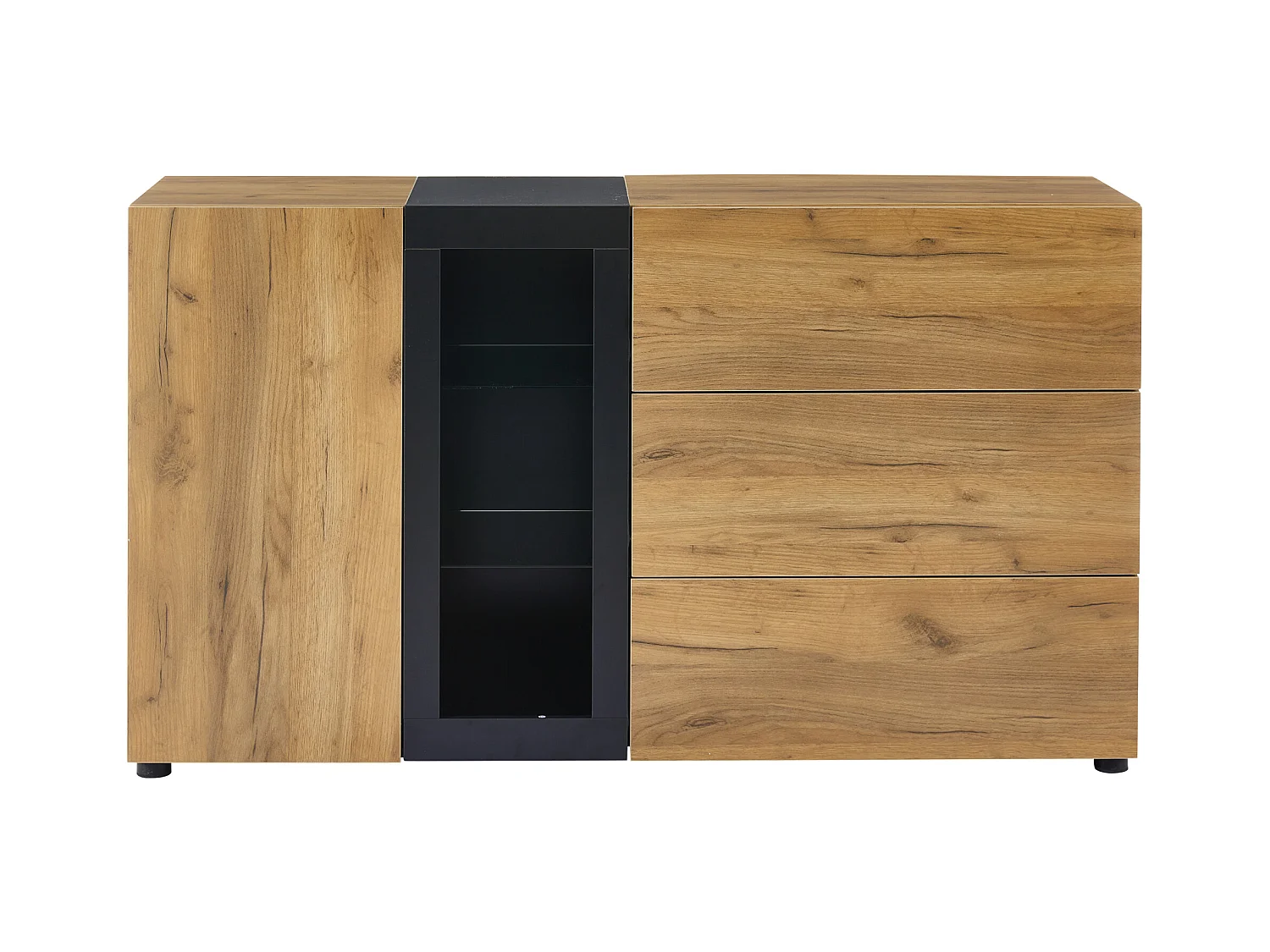 LED eetkamer dressoir 1 deur 3 laden 2 glazen planken - houten opbergmeubel - bruin (140x40x80 cm)
