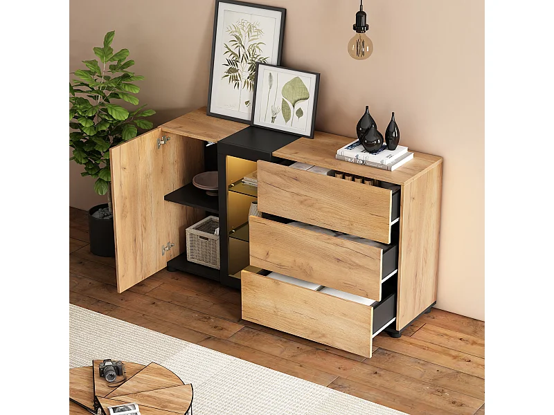 LED eetkamer dressoir 1 deur 3 laden 2 glazen planken - houten opbergmeubel - bruin (140x40x80 cm)