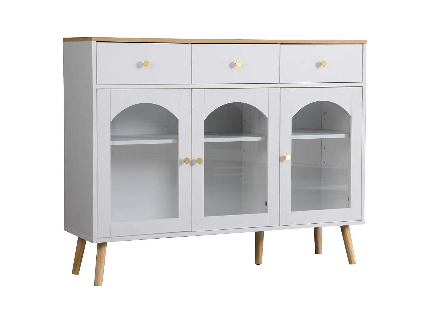 Buffet 120x34x94 cm 3 porte en verre décoratif 3 tiroirs meuble de rangement - bois - blanc