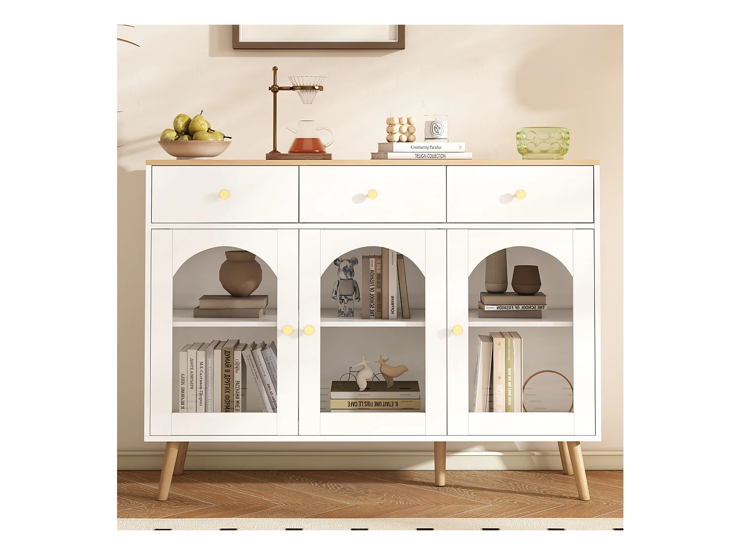 Buffet 120x34x94 cm 3 porte en verre décoratif 3 tiroirs meuble de rangement - bois - blanc
