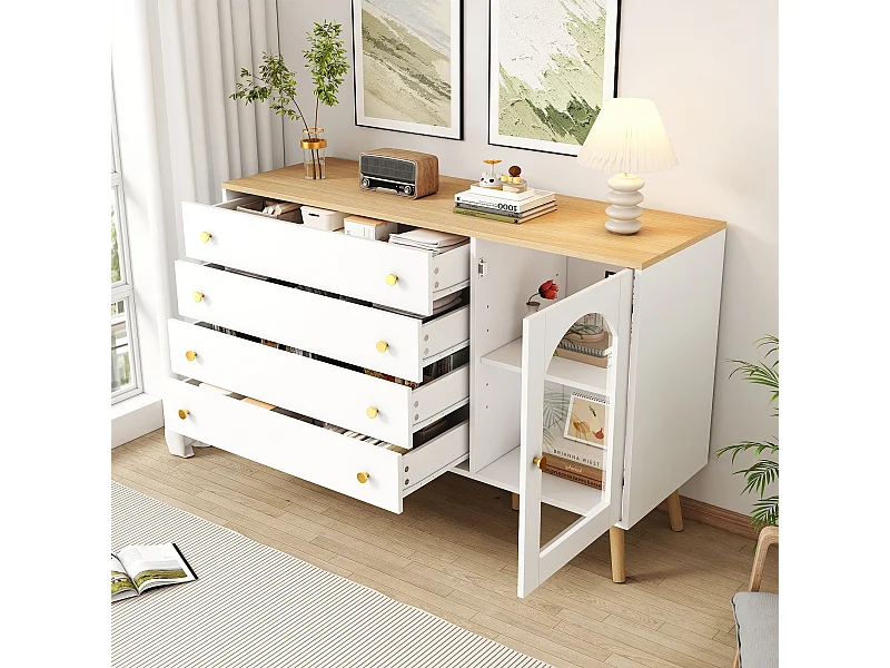 Buffet salle à manger 1 porte 4 tiroirs meuble de rangement - bois - blanc (120x40x77.5 cm)