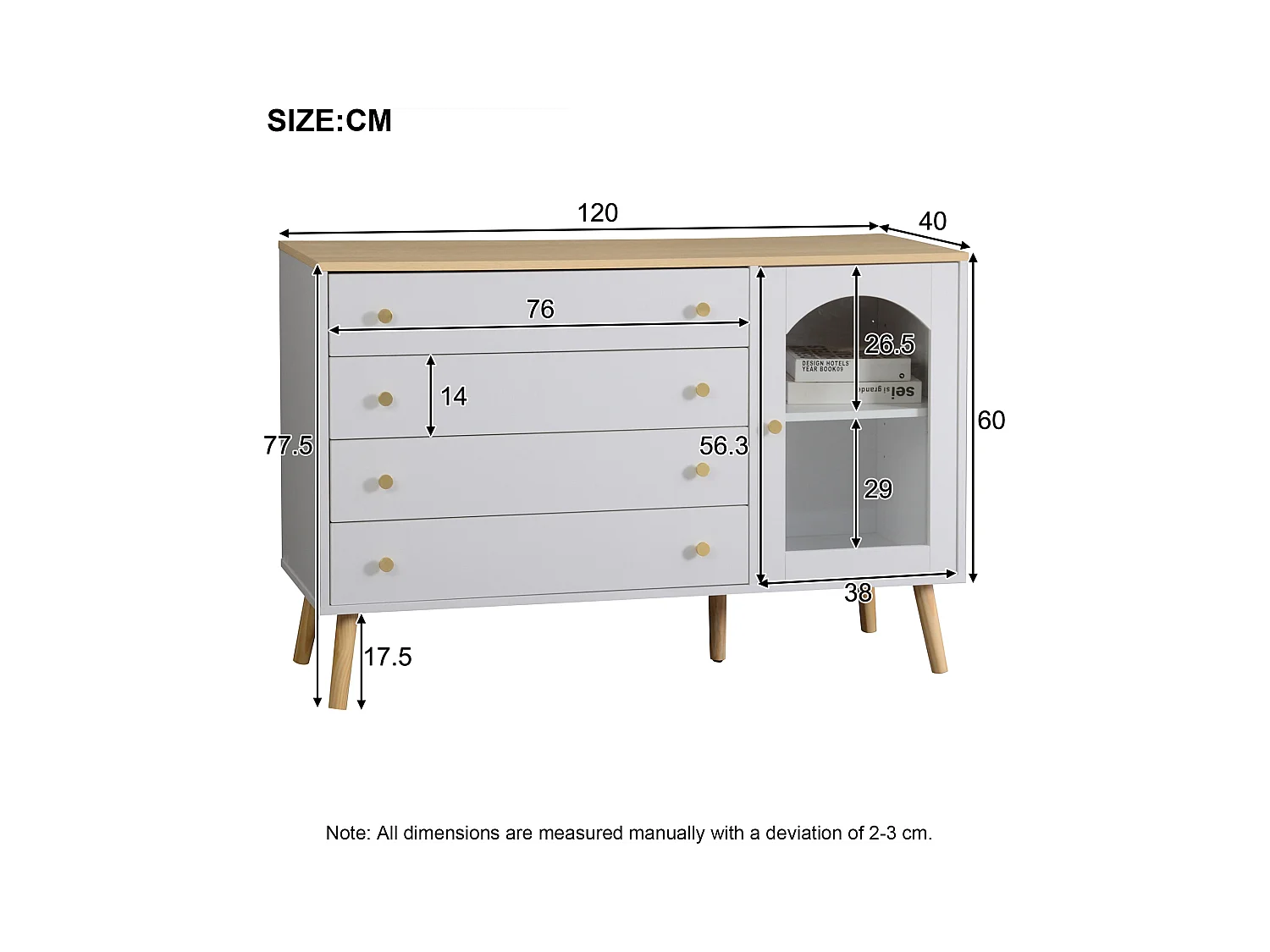 Buffet 120x40x77.5 cm 1 porte 4 tiroirs meuble de rangement - bois - blanc