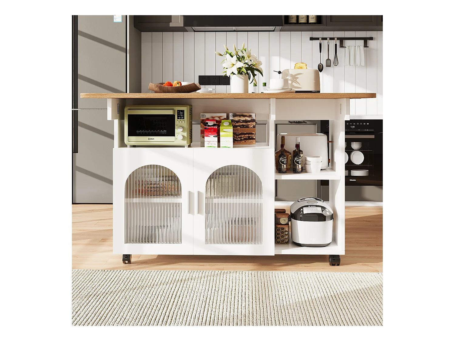 Desserte de cuisine 120x(30/70)x79.5 cm 2 portes en verre Îlot de cuisine avec plateau extensible - blanc