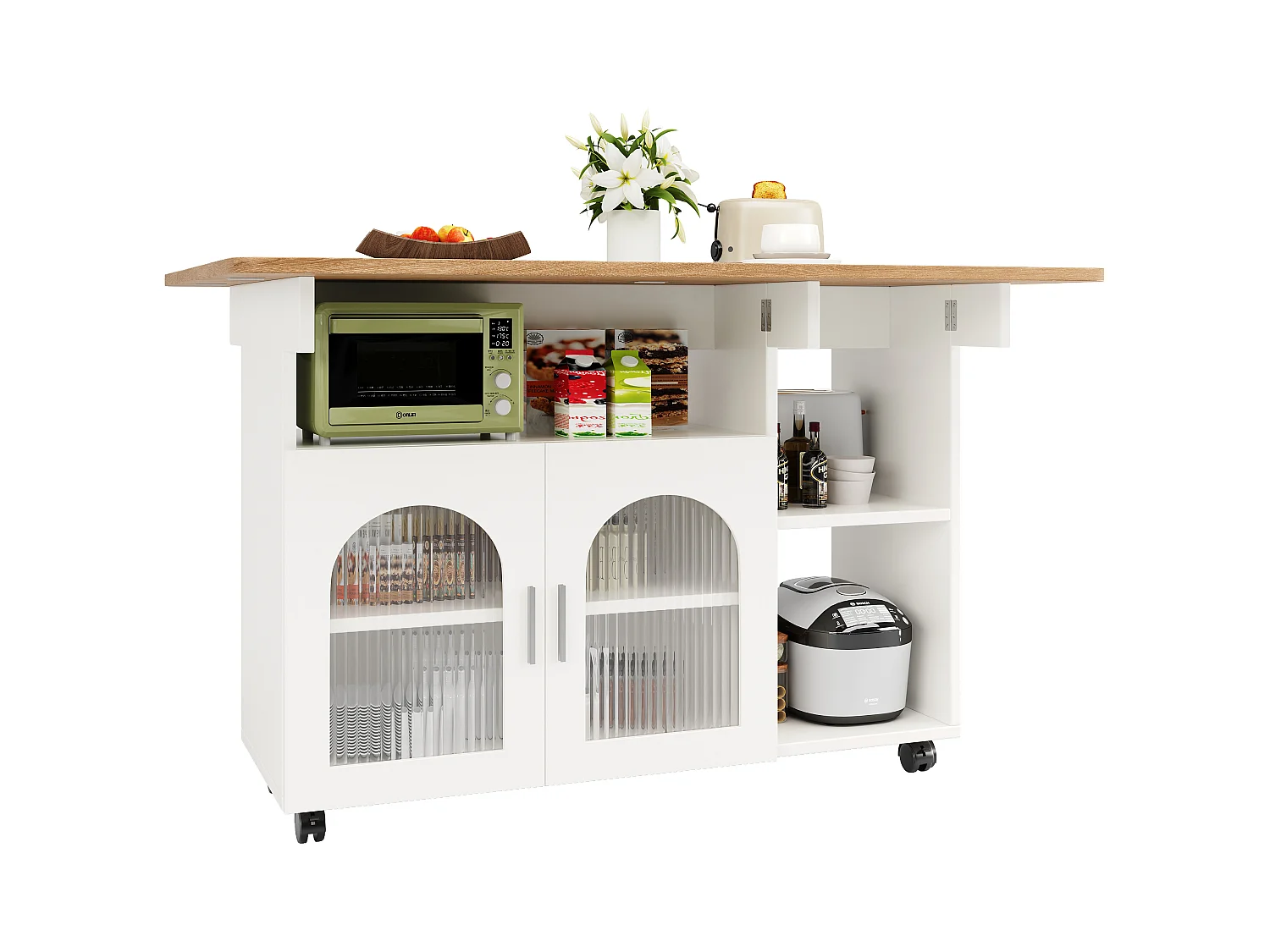 Desserte de cuisine mobile 2 portes en verre Îlot de cuisine avec plateau extensible 120x(30-70)x79.5 cm - blanc