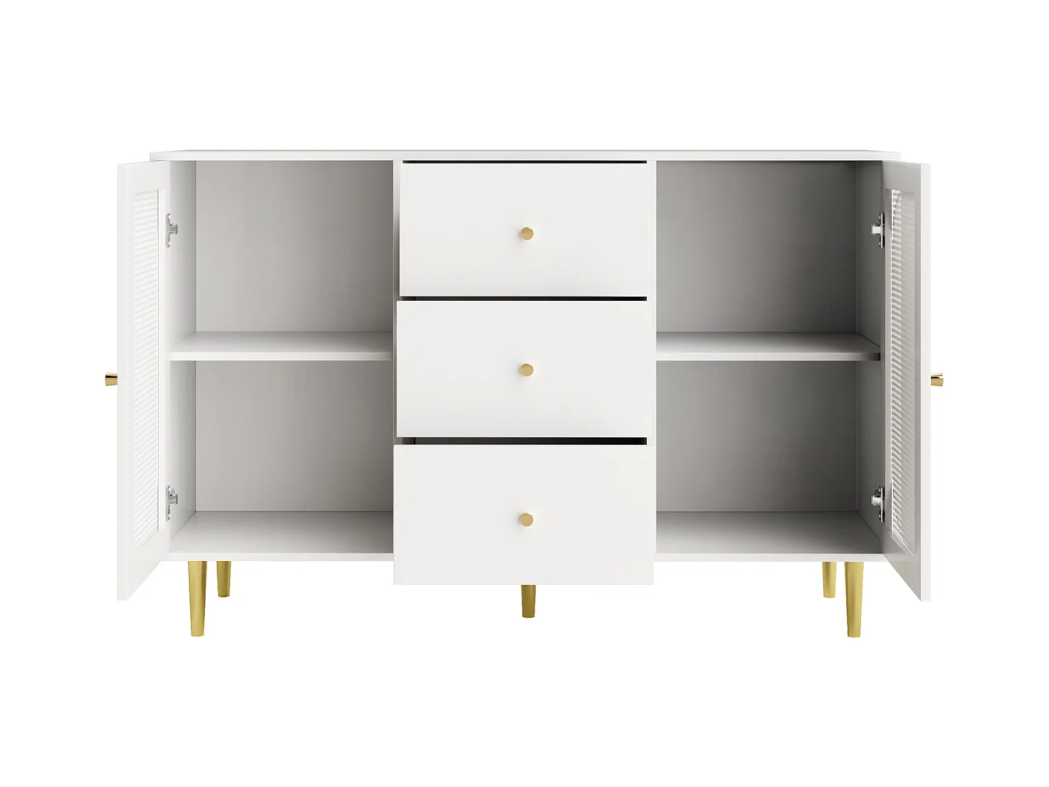 Buffet 120x40x90 cm 2 portes en rotin 3 tiroirs rangement - poignées et pieds en doré - blanc