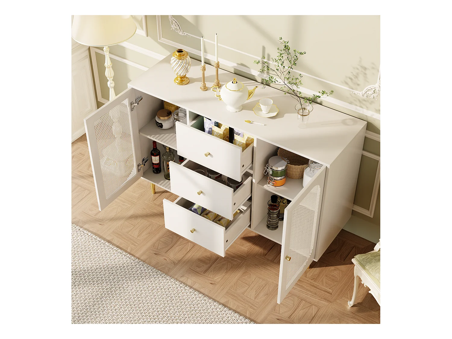 Buffet 120x40x90 cm 2 portes en rotin 3 tiroirs rangement - poignées et pieds en doré - blanc