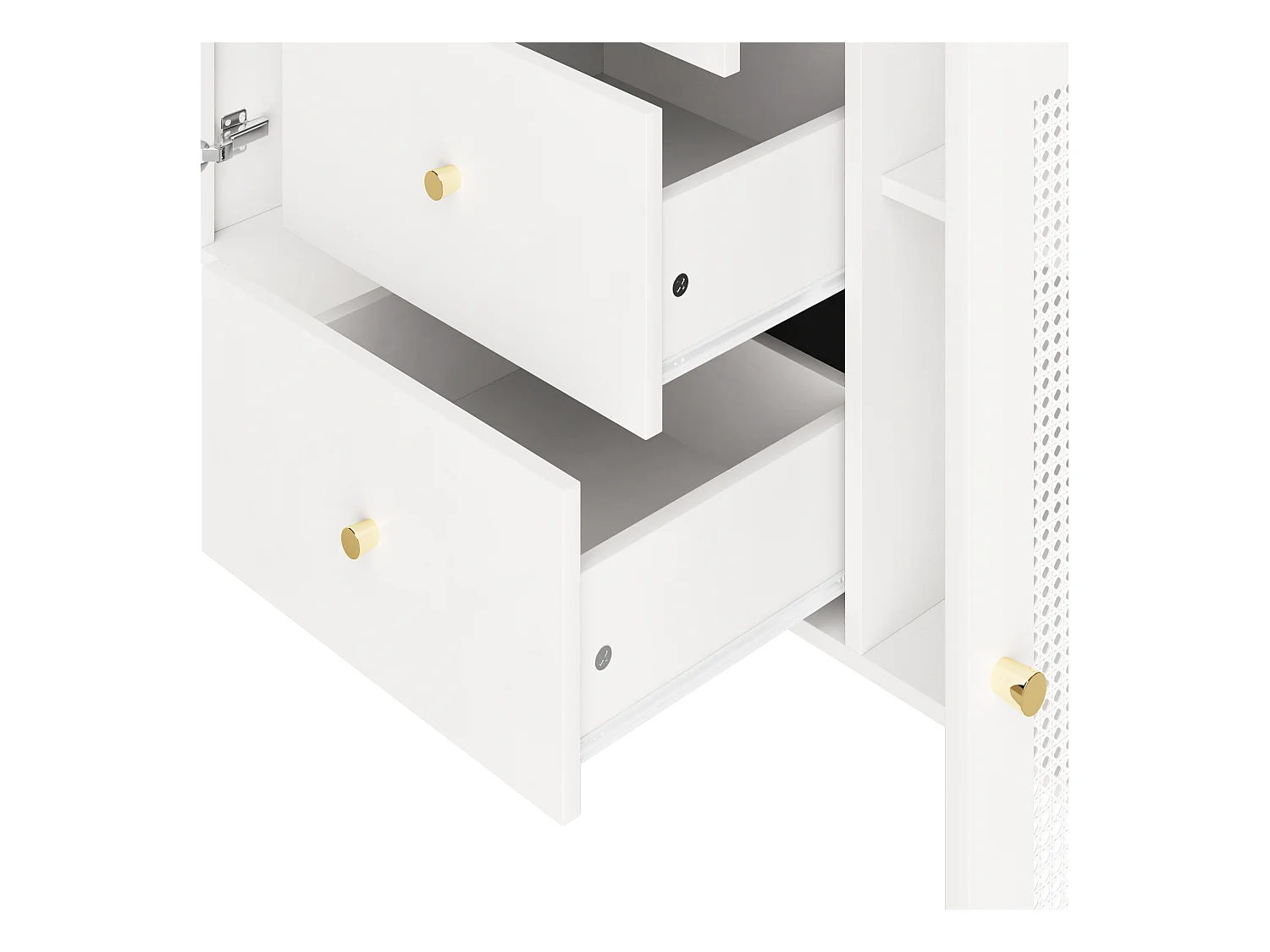 Buffet 120x40x90 cm 2 portes en rotin 3 tiroirs rangement - poignées et pieds en doré - blanc