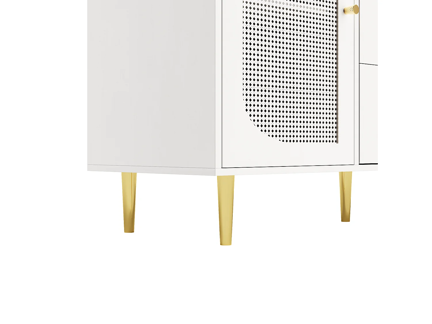 Buffet 120x40x90 cm 2 portes en rotin 3 tiroirs rangement - poignées et pieds en doré - blanc