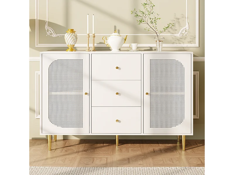 Eetkamerdressoir van rotan met 2 deuren en 3 opbergladen - gouden handgrepen en poten - wit (120x40x90 cm)