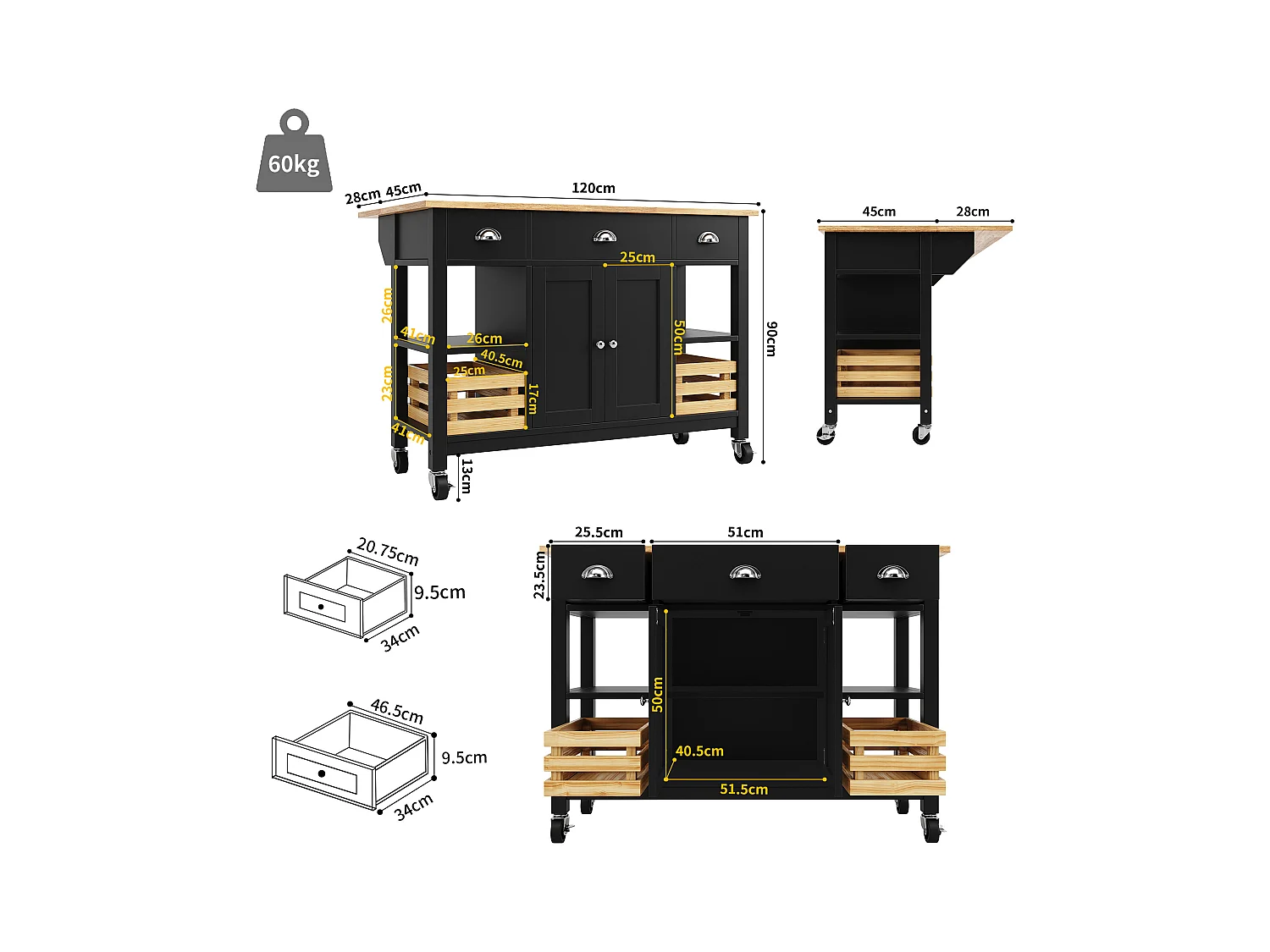 Desserte de cuisine mobile 128x(45-73)x90 cm 2 portes et 3 tiroirs Îlot de cuisine avec plateau extensible - noir