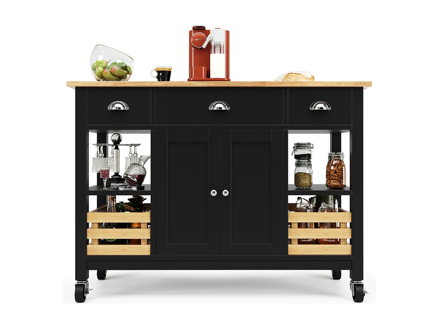 Desserte de cuisine mobile 128x(45-73)x90 cm 2 portes et 3 tiroirs Îlot de cuisine avec plateau extensible - noir