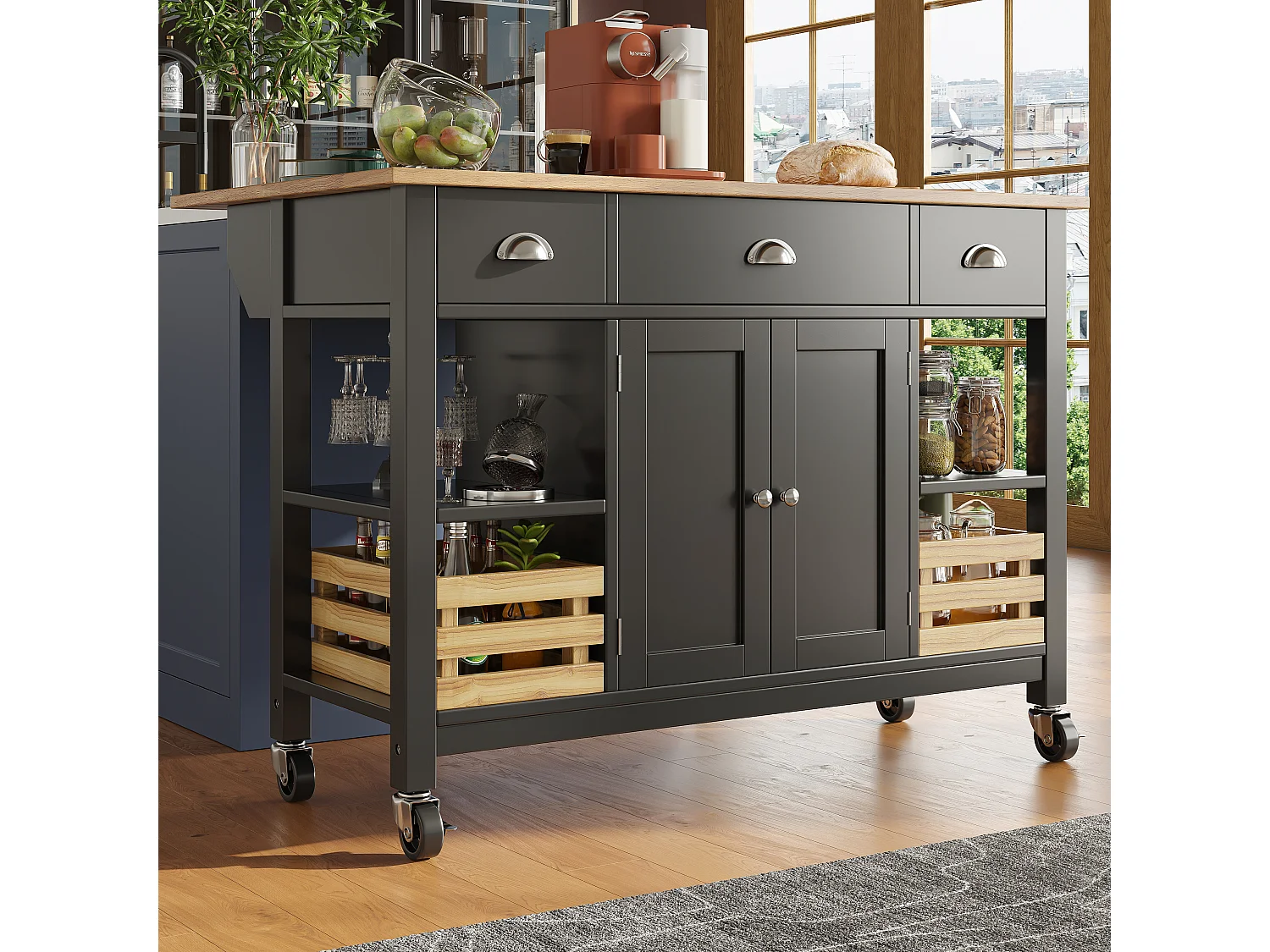 Desserte de cuisine mobile 128x(45-73)x90 cm 2 portes et 3 tiroirs Îlot de cuisine avec plateau extensible - noir