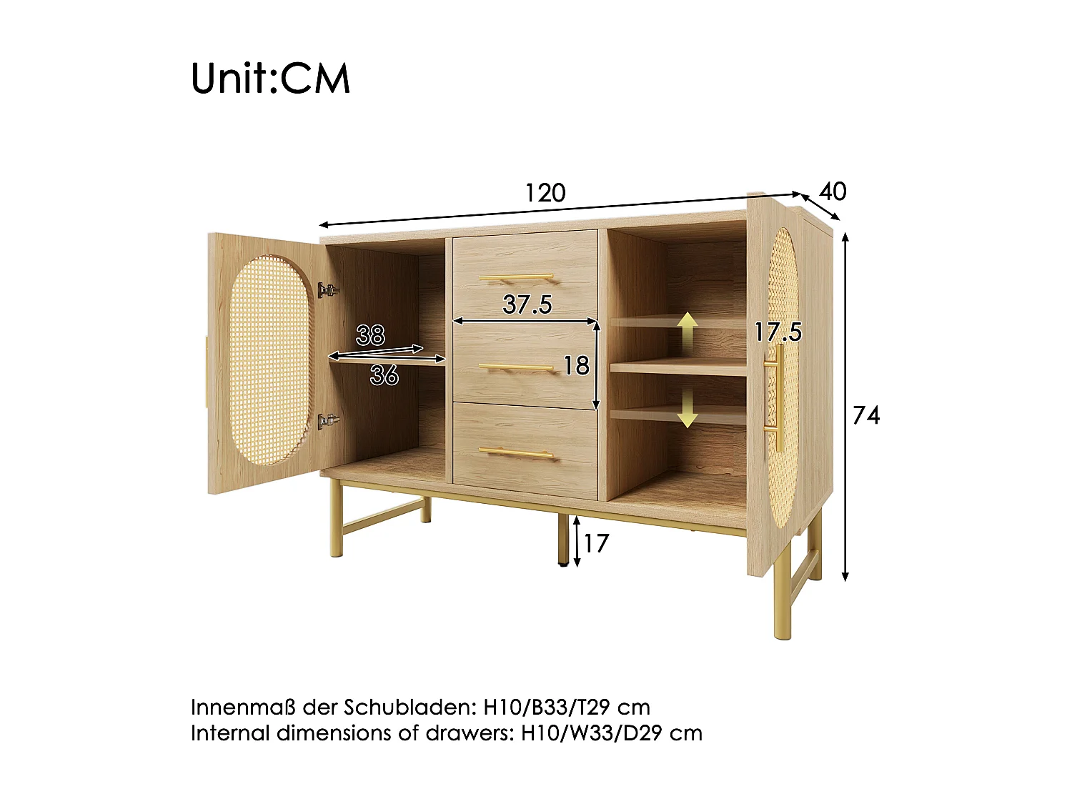 Eetkamerdressoir van rotan met 2 deuren en 3 laden - houten opbergmeubel - eiken (120x40x74 cm)