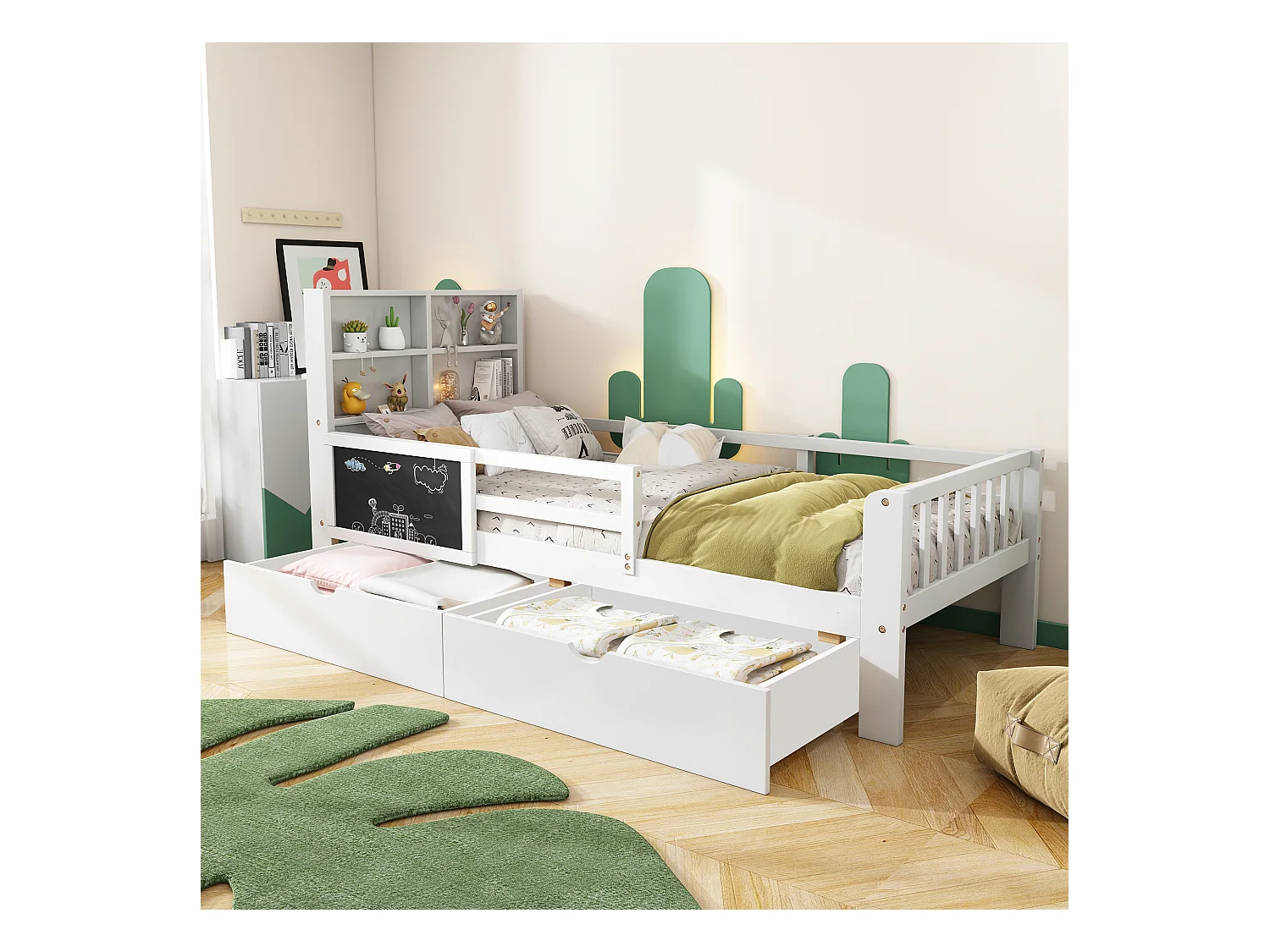 Lit enfant simple 90x200cm avec sommier en bois- tête de lit rangement 2 tiroirs et tableau noir - blanc (sans matelas)