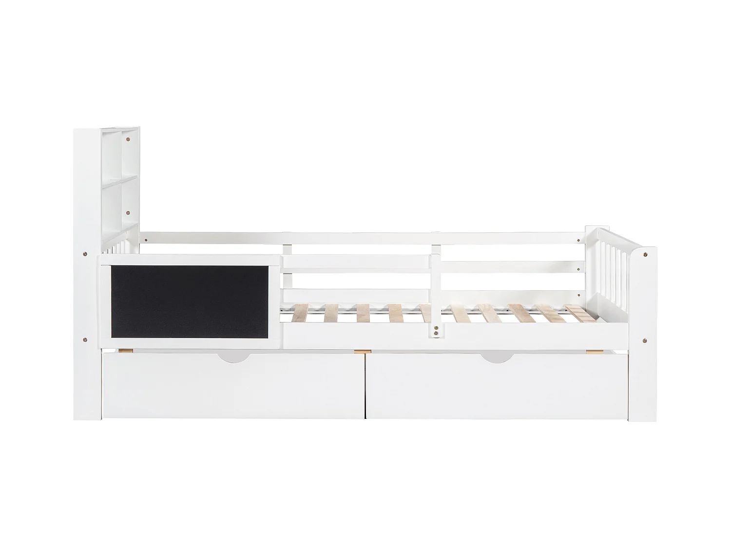 Lit enfant simple 90x200cm avec sommier en bois- tête de lit rangement 2 tiroirs et tableau noir - blanc (sans matelas)