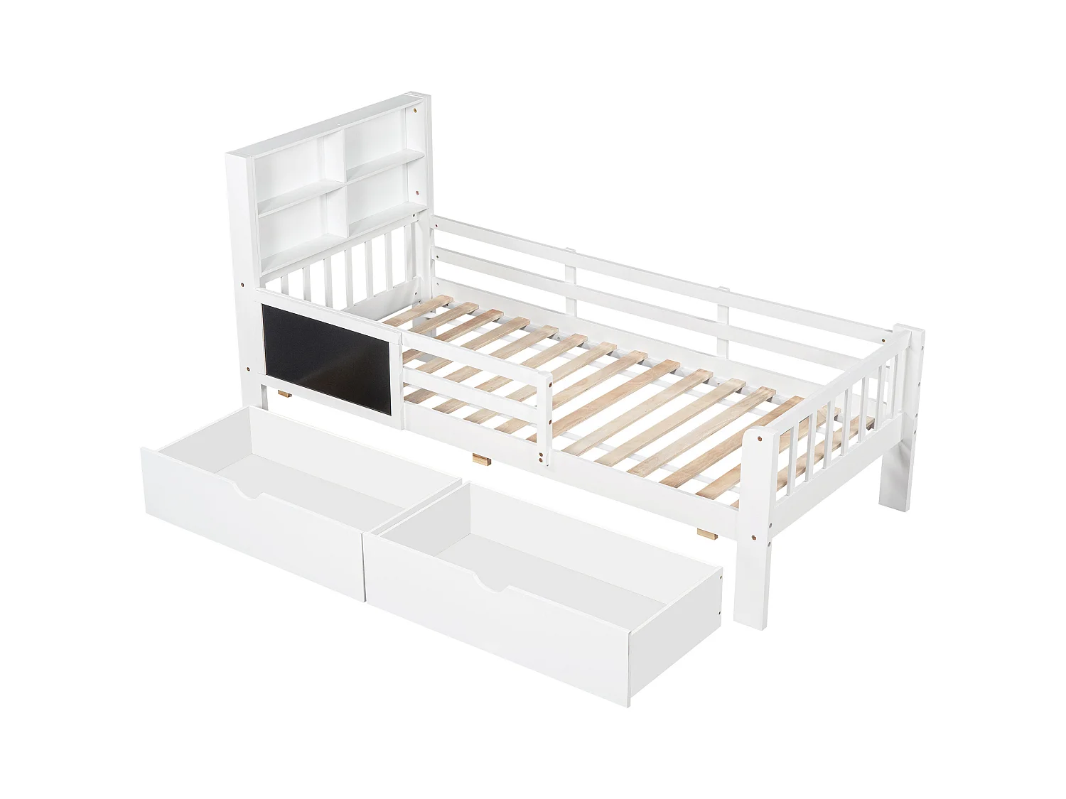 Lit enfant simple 90x200cm avec sommier en bois- tête de lit rangement 2 tiroirs et tableau noir - blanc (sans matelas)
