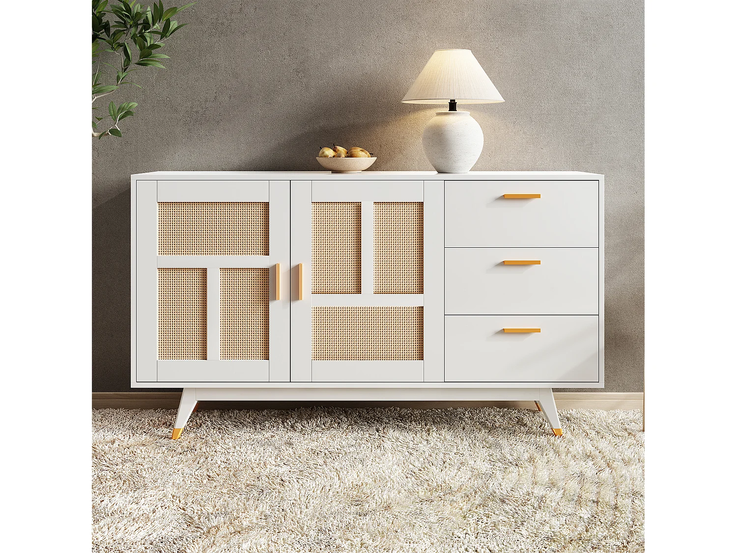 Eetkamerdressoir van rotan met 2 deuren en 3 laden - hout - wit (160x40x87 cm)