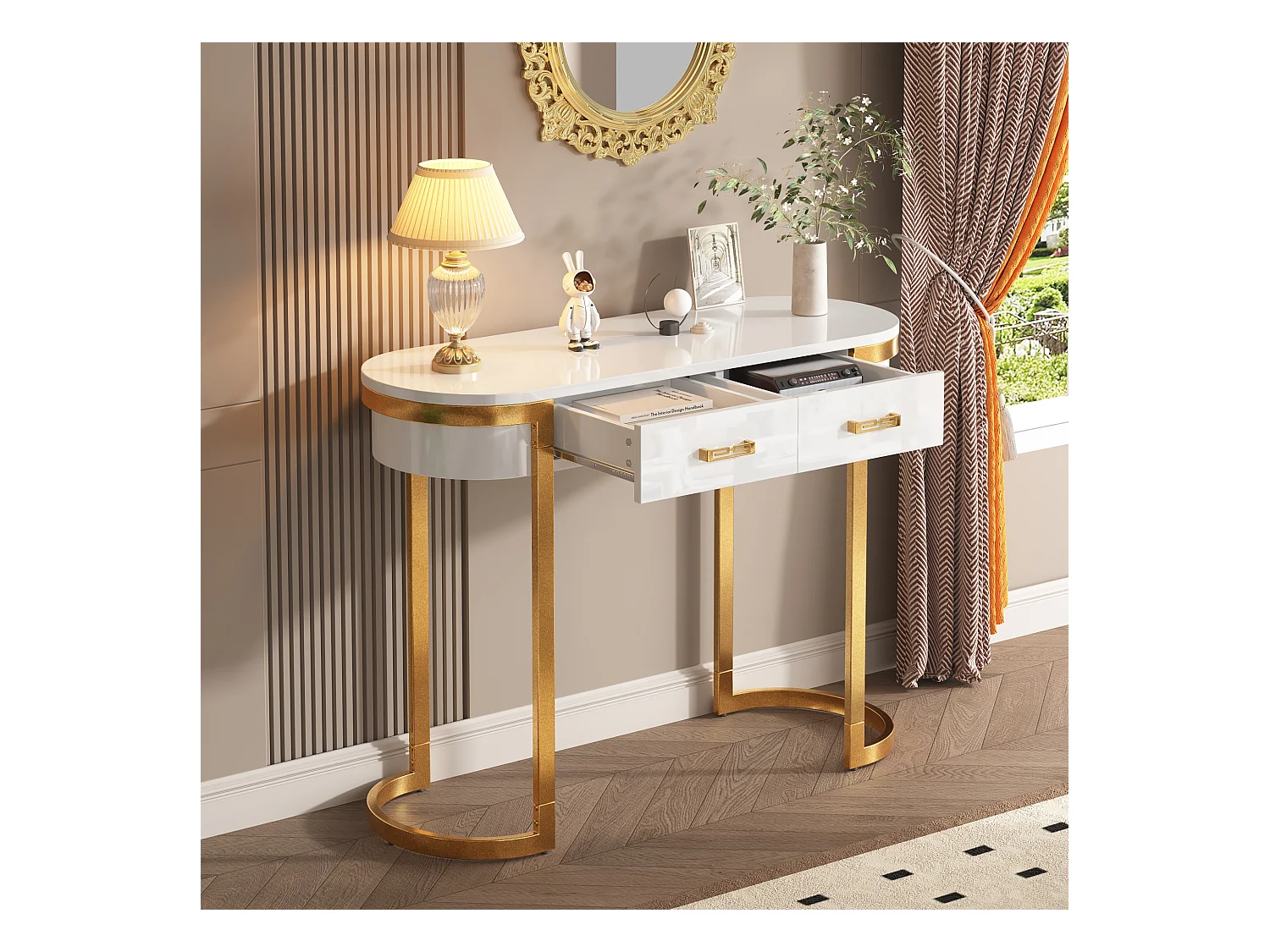 Table console meuble coiffeuse de salon 2 tiroirs - pied en métal réglable - bois - blanc (100x40x76 cm)