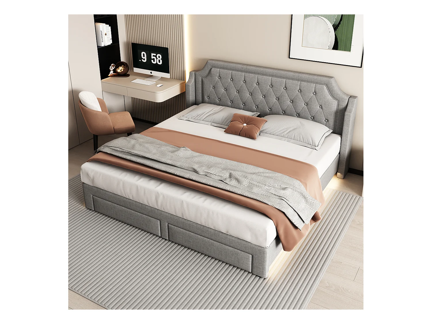 Lit double 180x200cm avec sommier - LED tête de lit capitonnée et 2 tiroirs - lin gris (sans matelas)