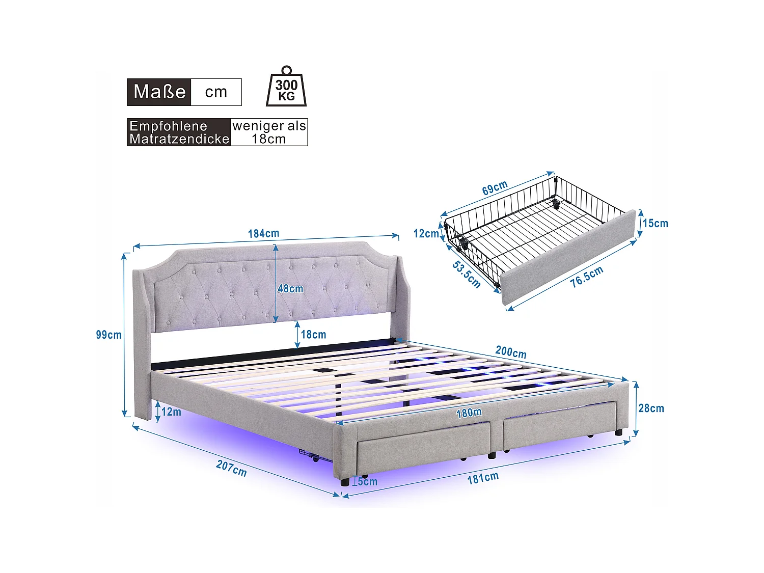 Lit double 180x200cm avec sommier - LED tête de lit capitonnée et 2 tiroirs - lin gris (sans matelas)