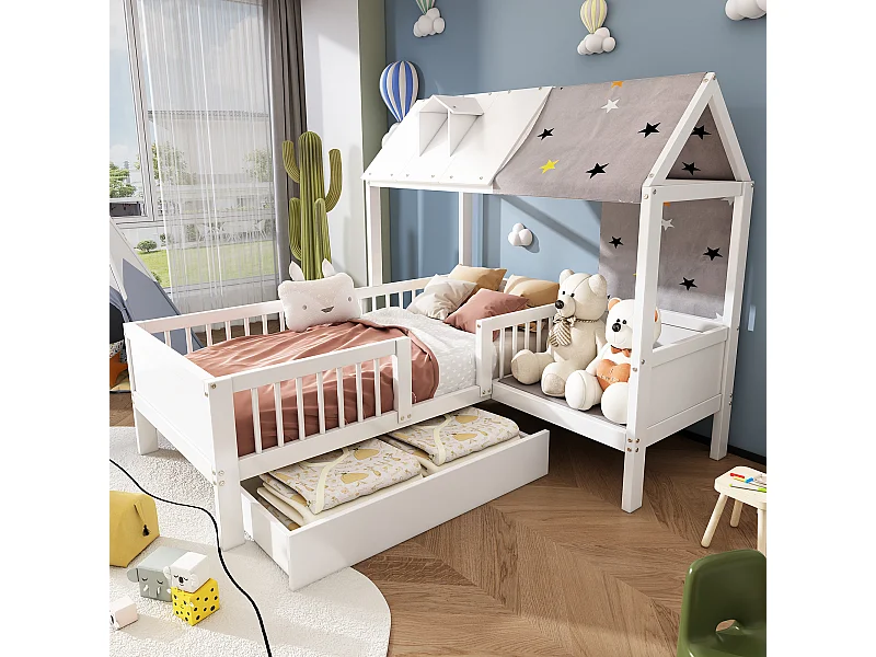 Lit enfant cabane 90x200cm avec sommier - protection anti-chute et 1 tiroir - cadre de lit en bois - blanc (sans matelas)