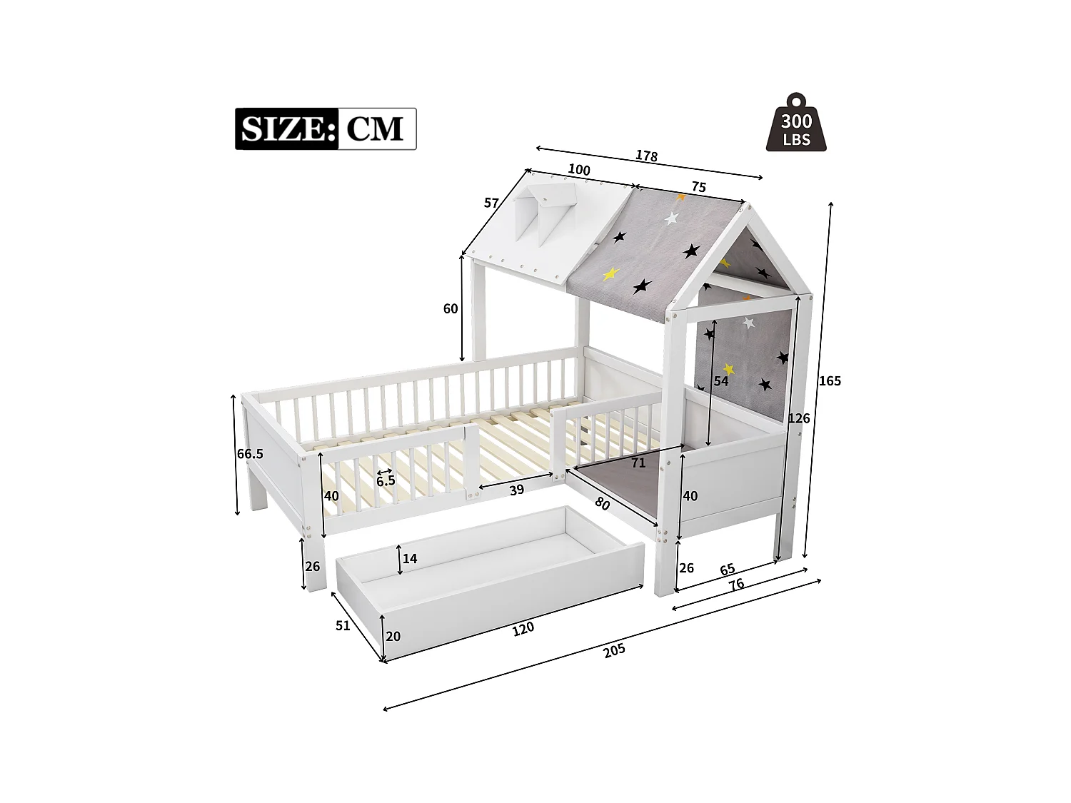 Kinderbed 90x200cm met lattenbodem - valbeveiliging en 1 lade - houten bedframe - wit (zonder matras)