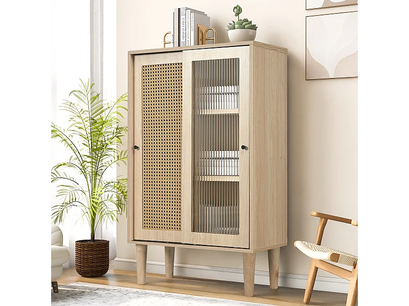 Buffet salle à manger bois 2 portes coulissantes en rotin et verre meuble de rangement - étagères réglables - chêne (60x40x100 cm)