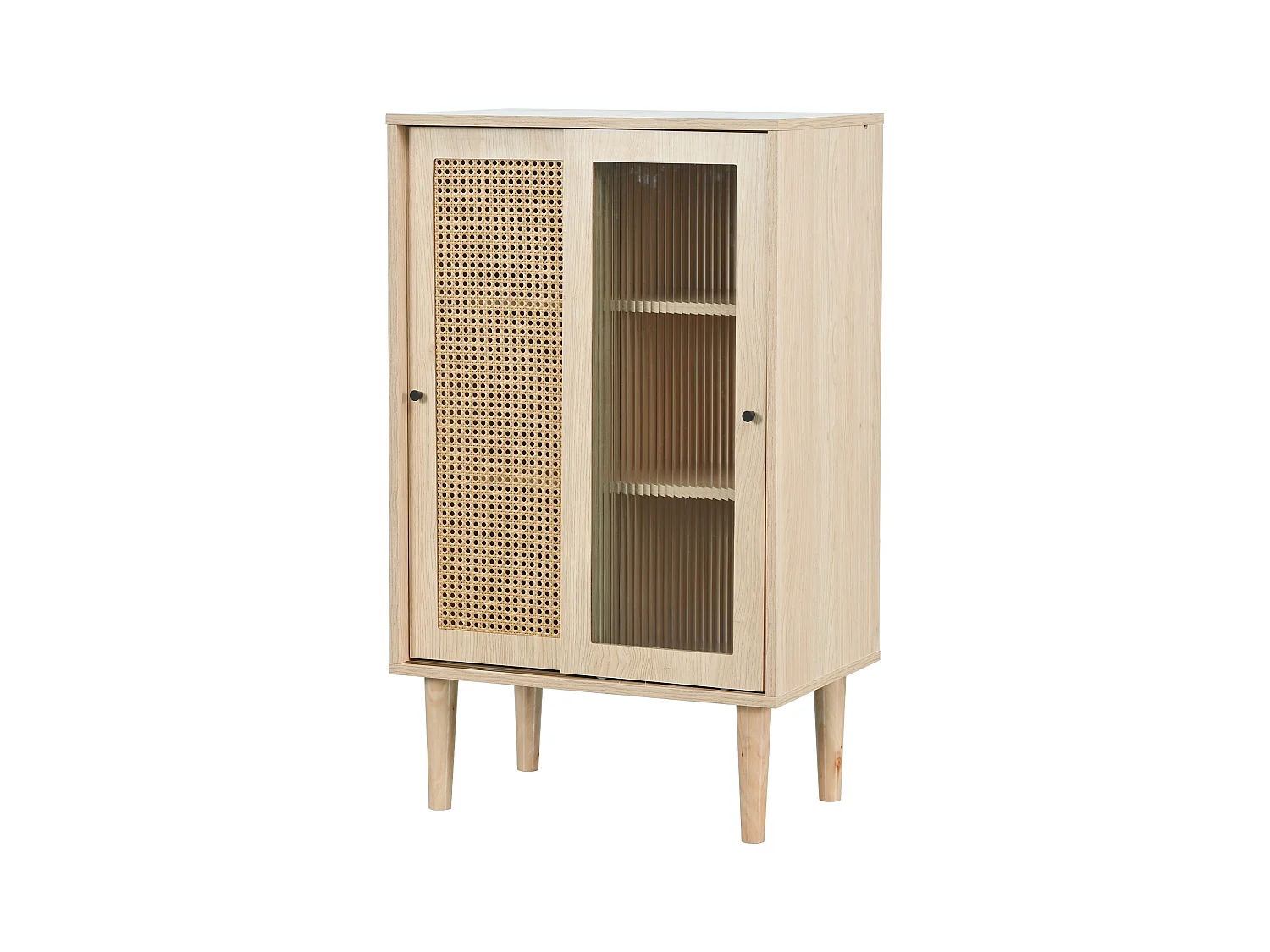 Eetkamerdressoir van hout met 2 schuifdeuren van rotan en glas, opbergmeubel - verstelbare planken - eiken (60x40x100 cm)