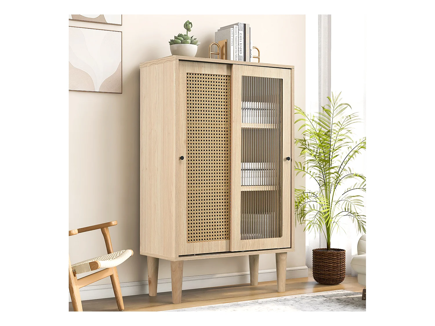 Eetkamerdressoir van hout met 2 schuifdeuren van rotan en glas, opbergmeubel - verstelbare planken - eiken (60x40x100 cm)