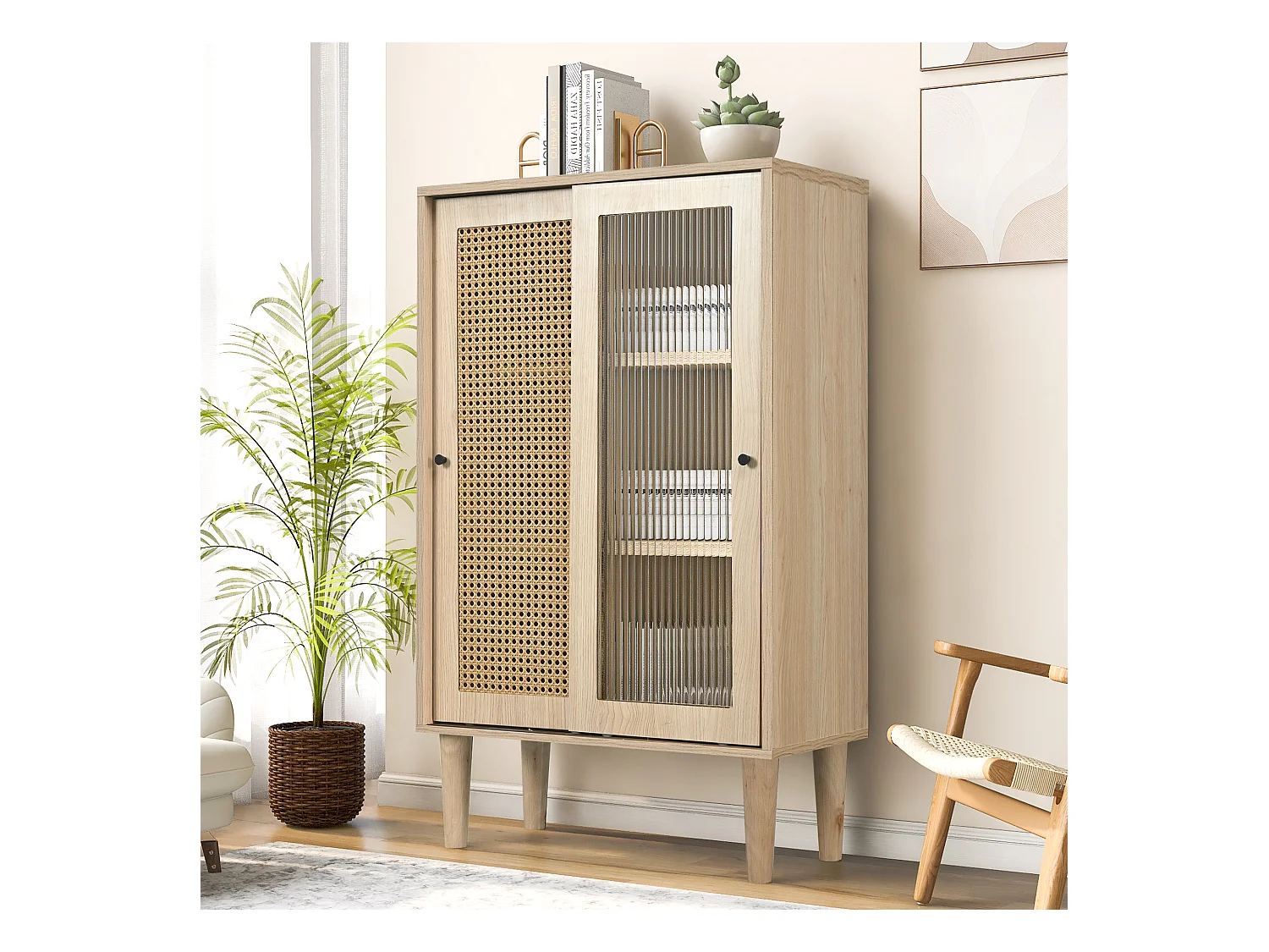 Buffet salle à manger bois 2 portes coulissantes en rotin et verre meuble de rangement - étagères réglables - chêne (60x40x100 cm)