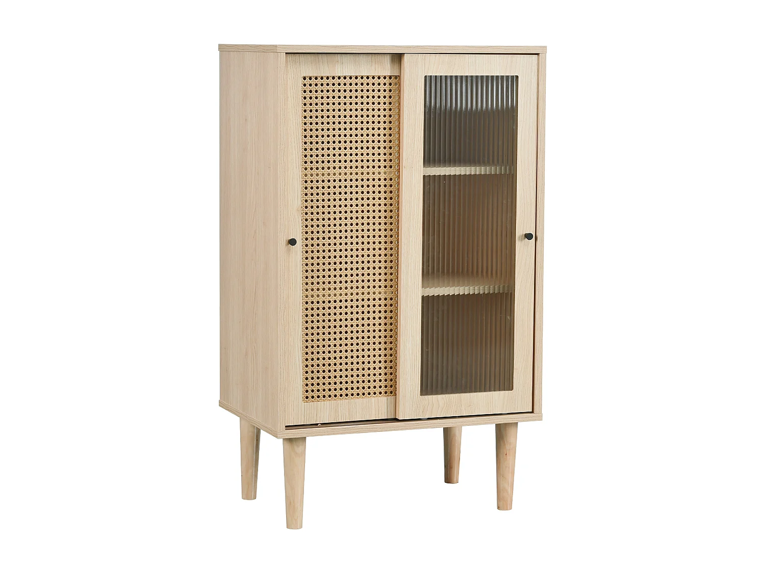 Eetkamerdressoir van hout met 2 schuifdeuren van rotan en glas, opbergmeubel - verstelbare planken - eiken (60x40x100 cm)