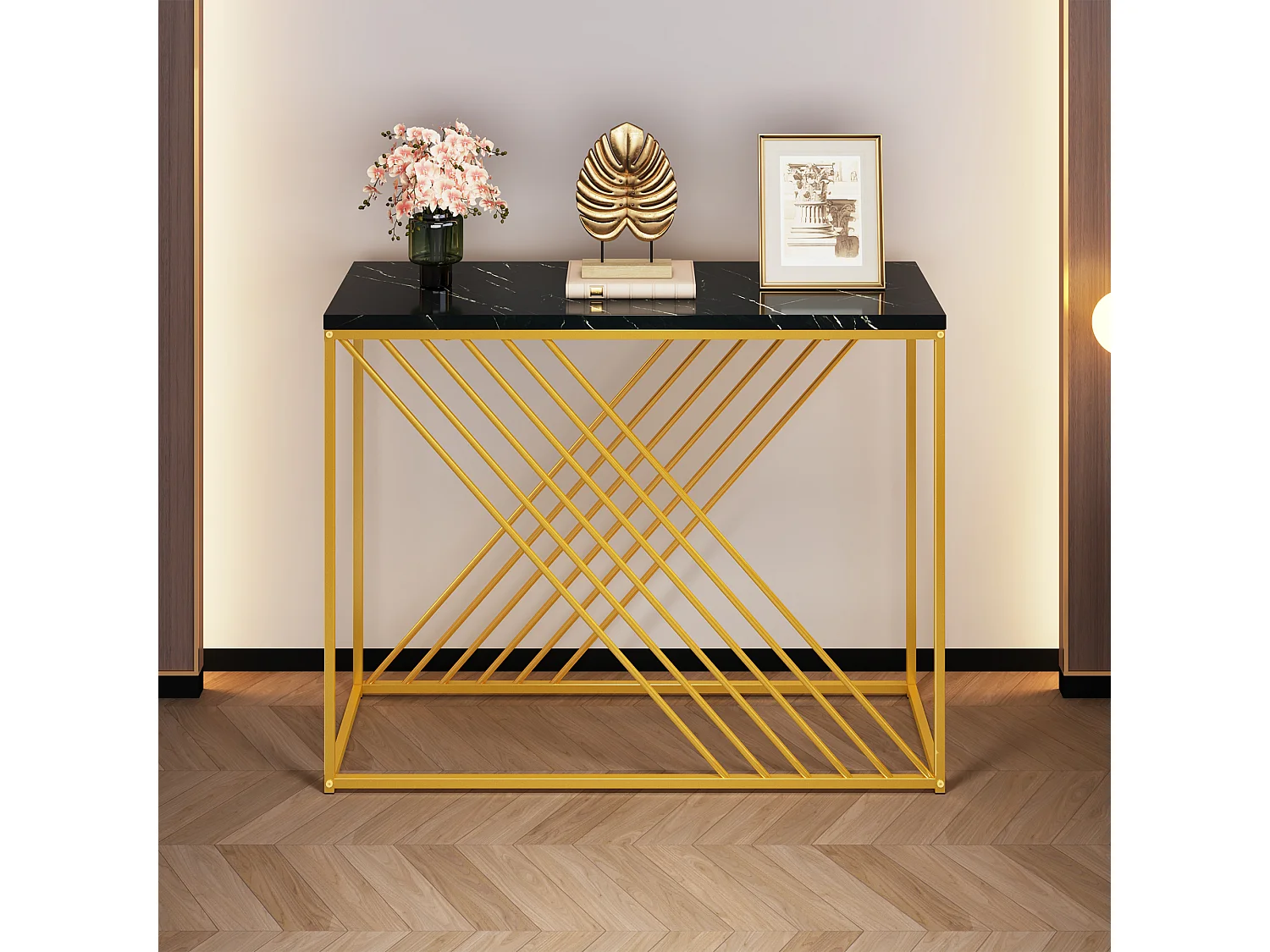 Table console 100x35x77 cm moderne à haut brillant - plateau en MDF pieds en métal - noir