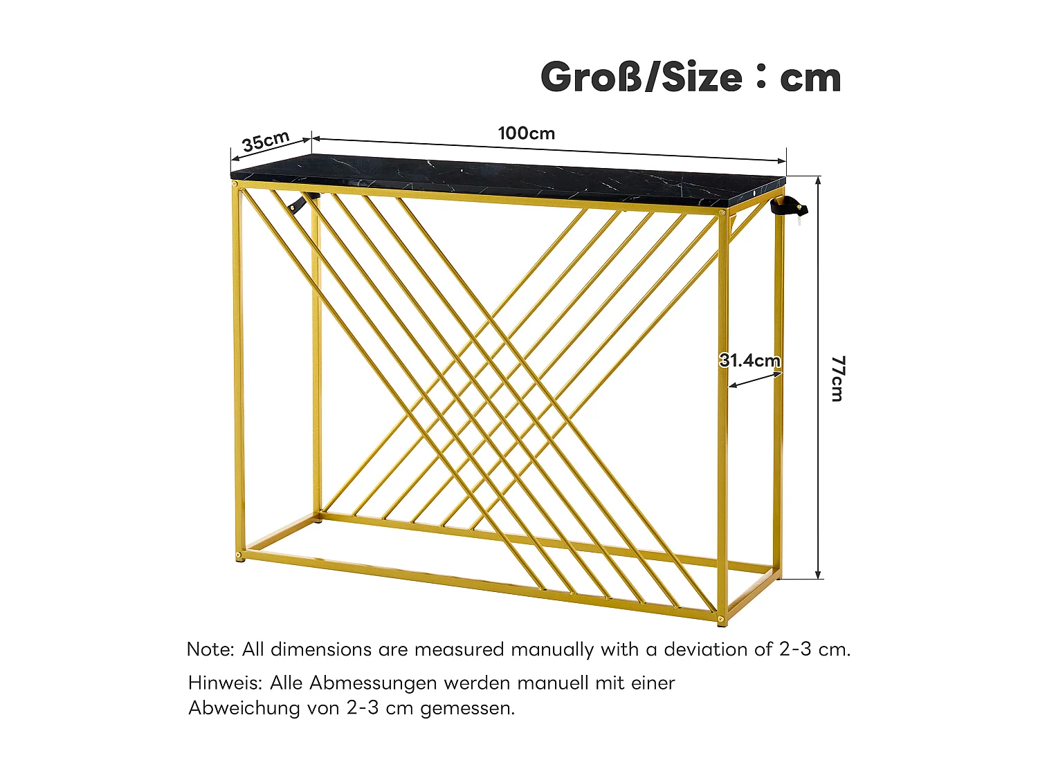 Table console 100x35x77 cm moderne à haut brillant - plateau en MDF pieds en métal - noir