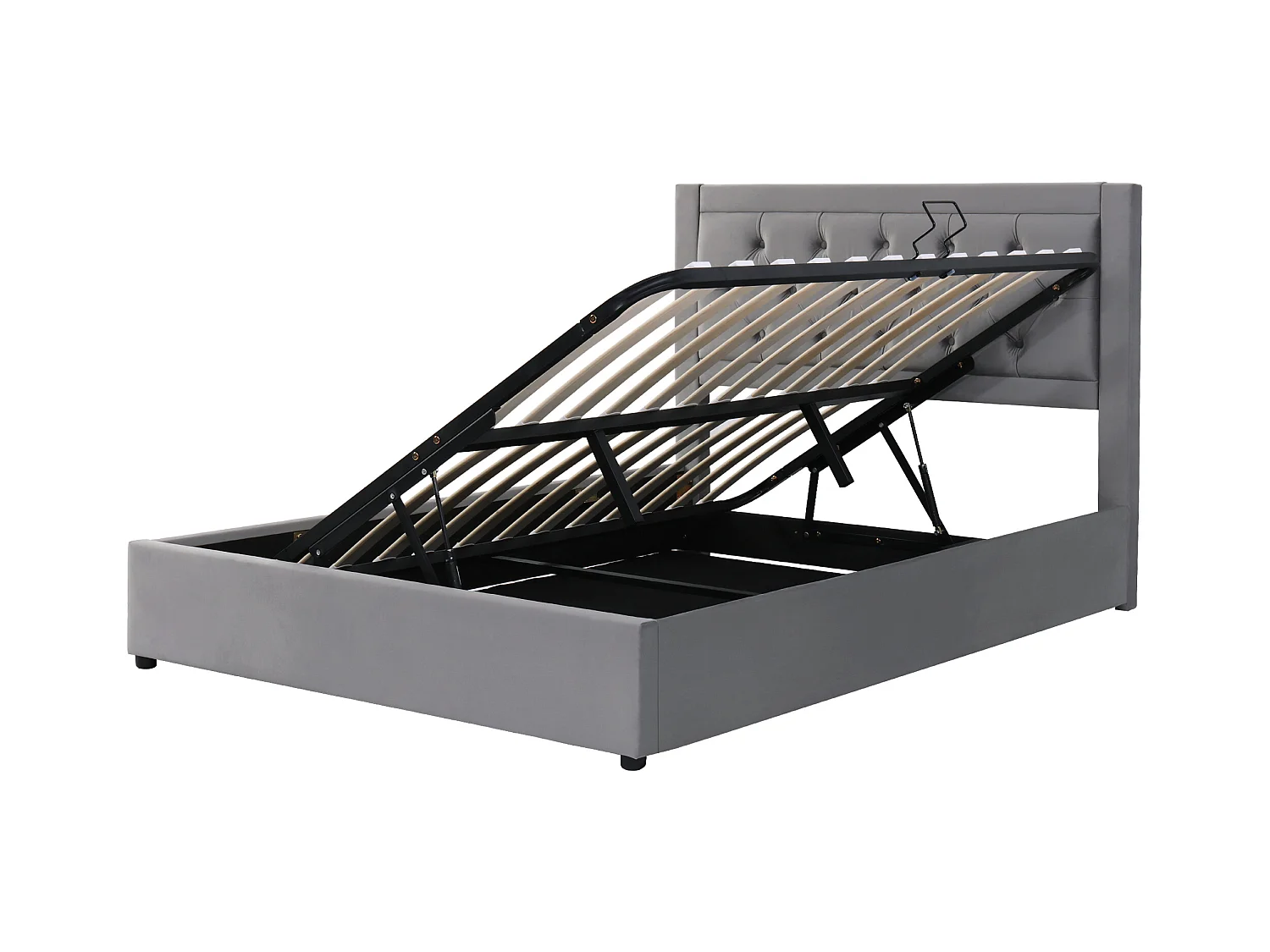 Lit coffre 140x200cm avec sommier - tête de lit capitonnée - velours gris (sans matelas)