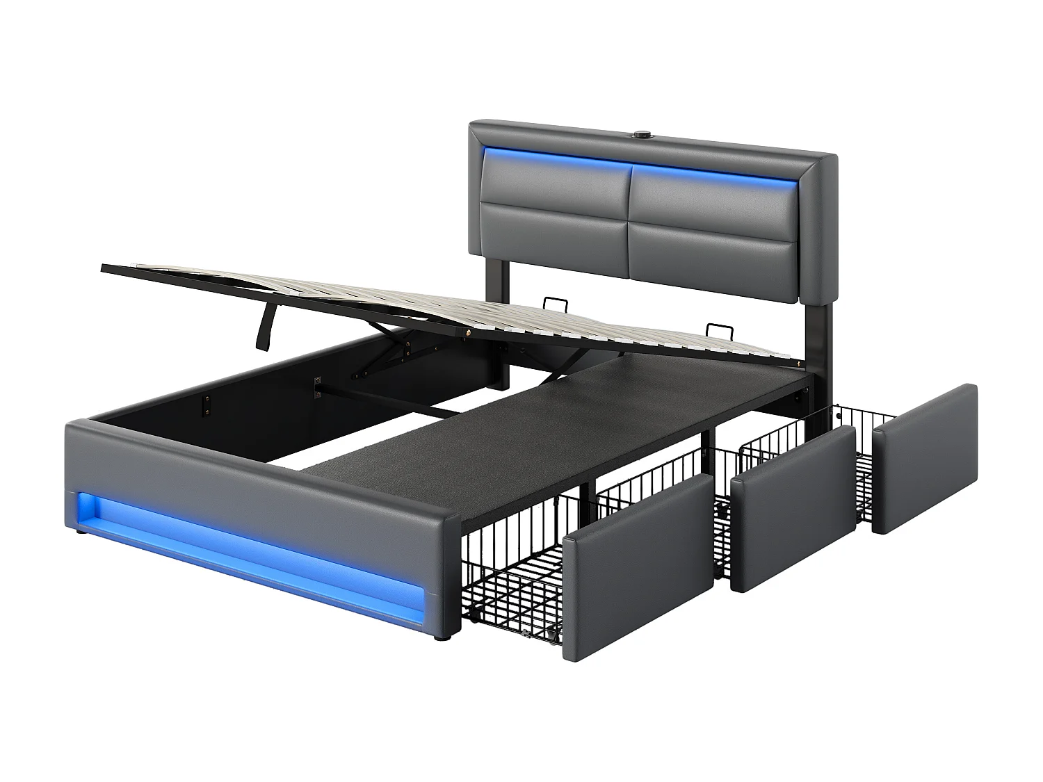 Kinderbed met opbergruimte 140x190cm met lattenbodem en 3 laden - gewatteerd hoofdbord met USB en LED - kunstleer - grijs (zonder matras)