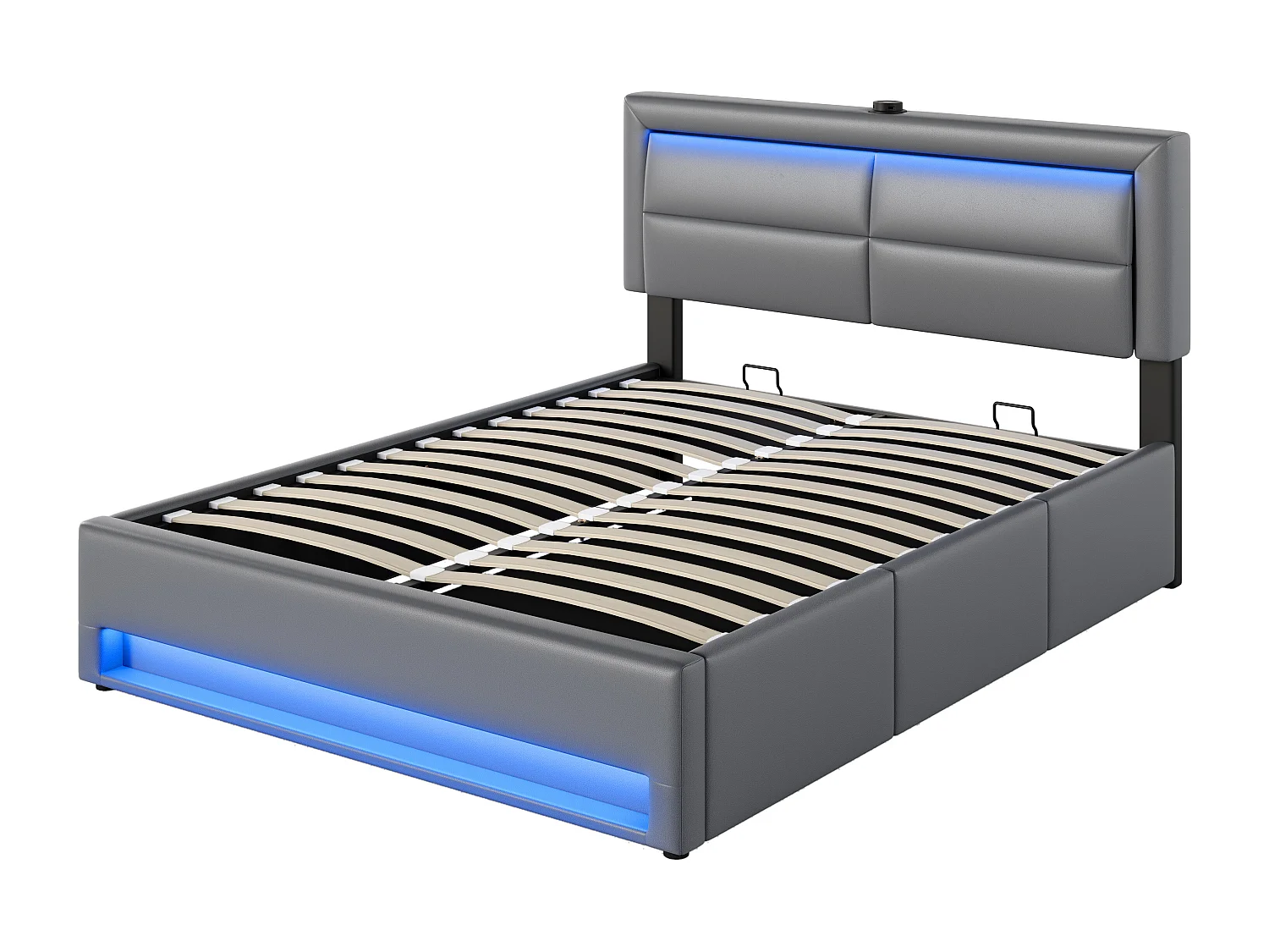 Kinderbed met opbergruimte 140x190cm met lattenbodem en 3 laden - gewatteerd hoofdbord met USB en LED - kunstleer - grijs (zonder matras)