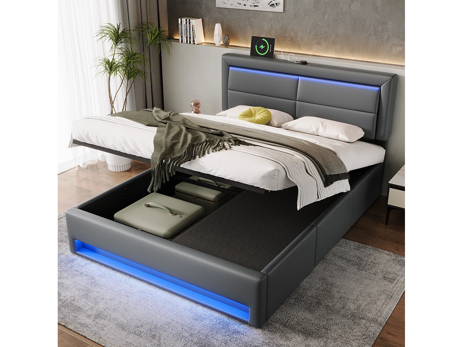 Kinderbed met opbergruimte 140x190cm met lattenbodem en 3 laden - gewatteerd hoofdbord met USB en LED - kunstleer - grijs (zonder matras)