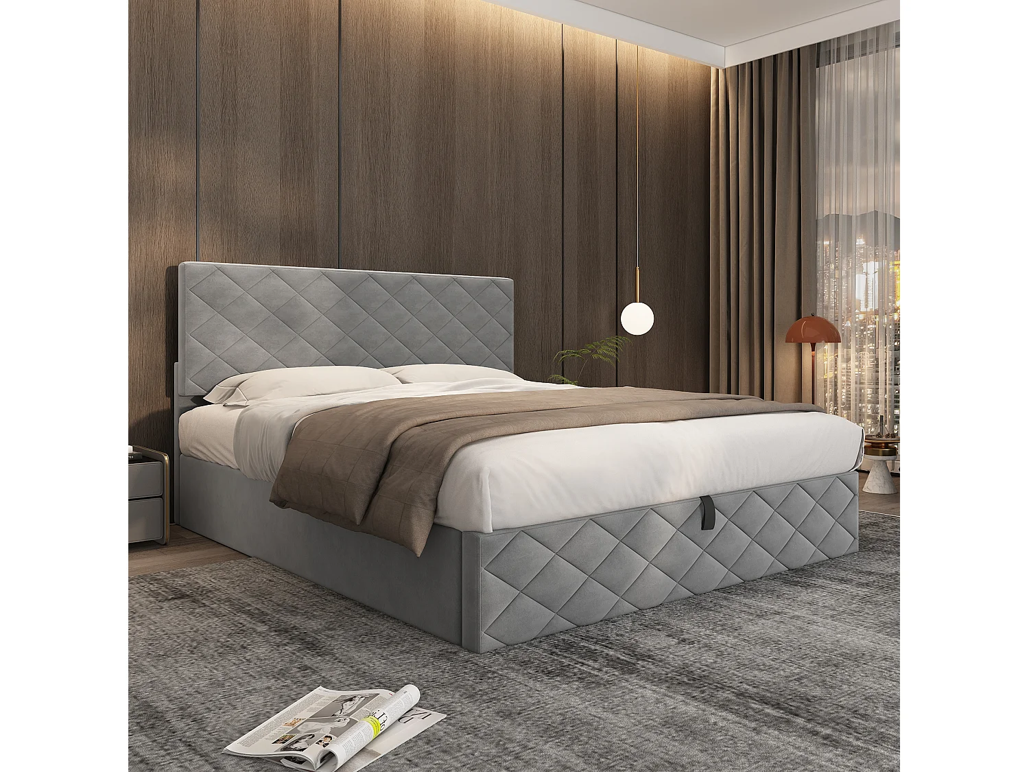 Lit coffre 140x200cm avec sommier - tête de lit capitonnée - velours gris (sans matelas)