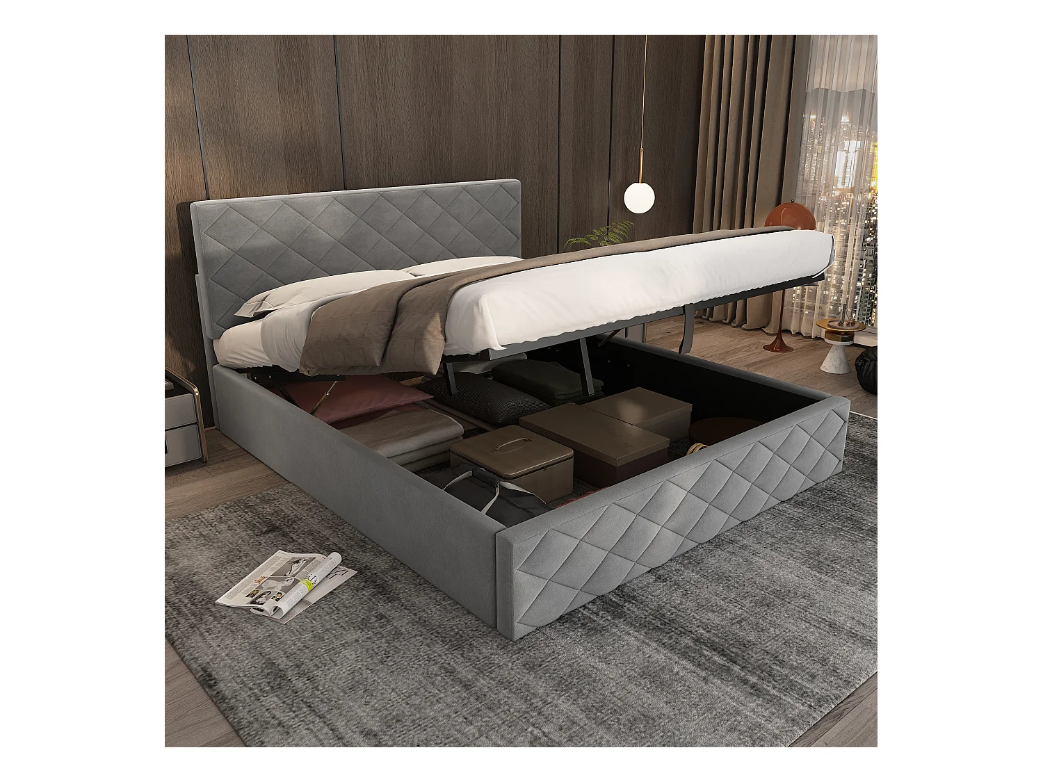 Lit coffre adulte 140x200cm avec sommier - tête de lit capitonnée - velours gris (sans matelas)