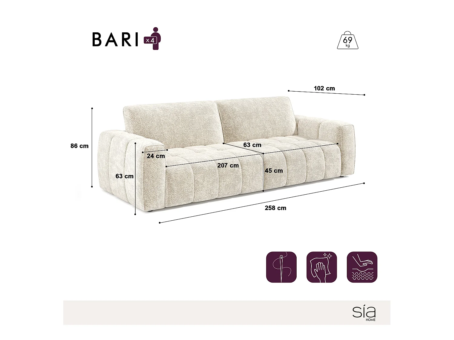 Canapé 4 places velours chenillé beige BARI