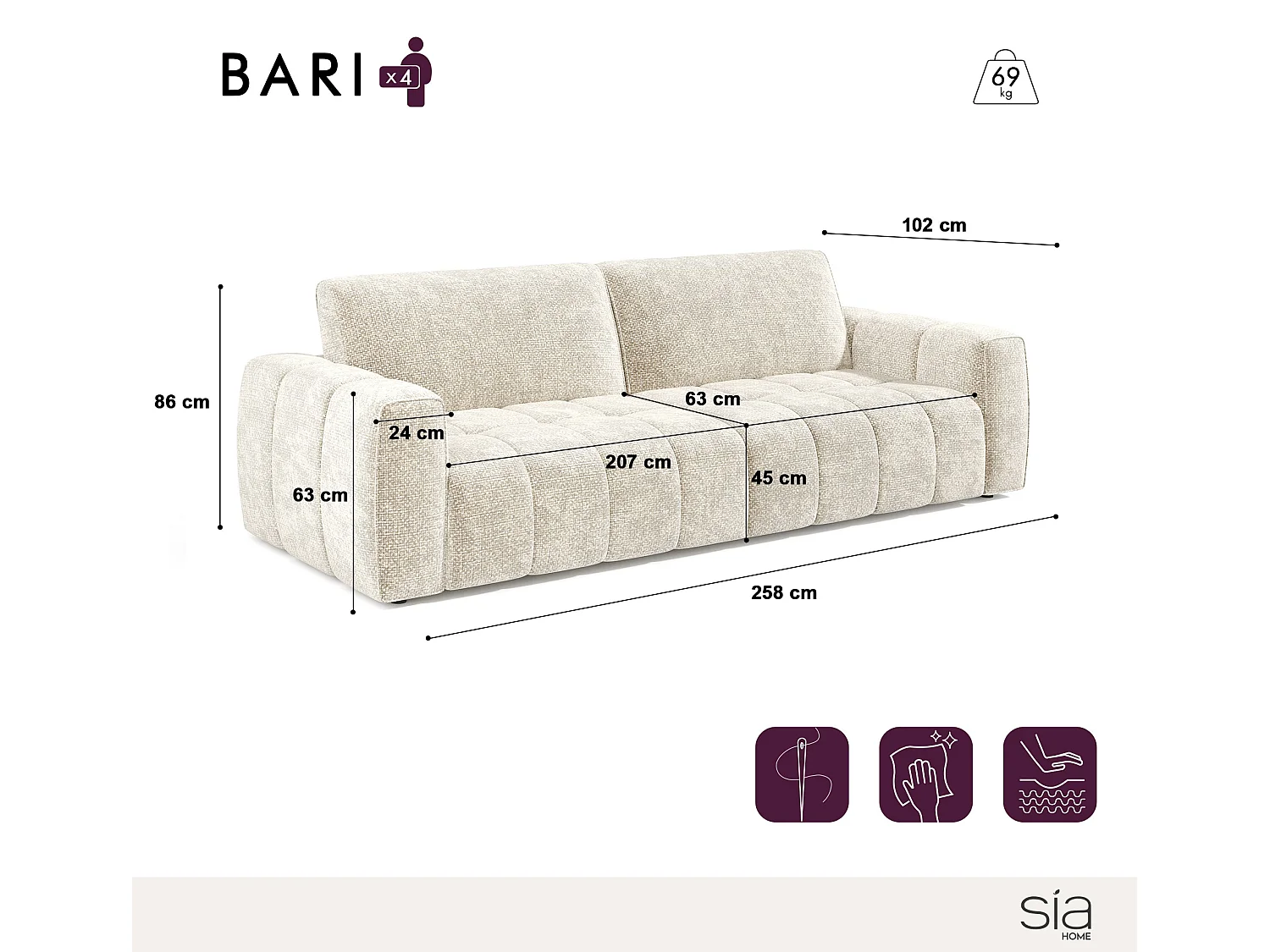 Canapé 4 places velours chenillé beige BARI