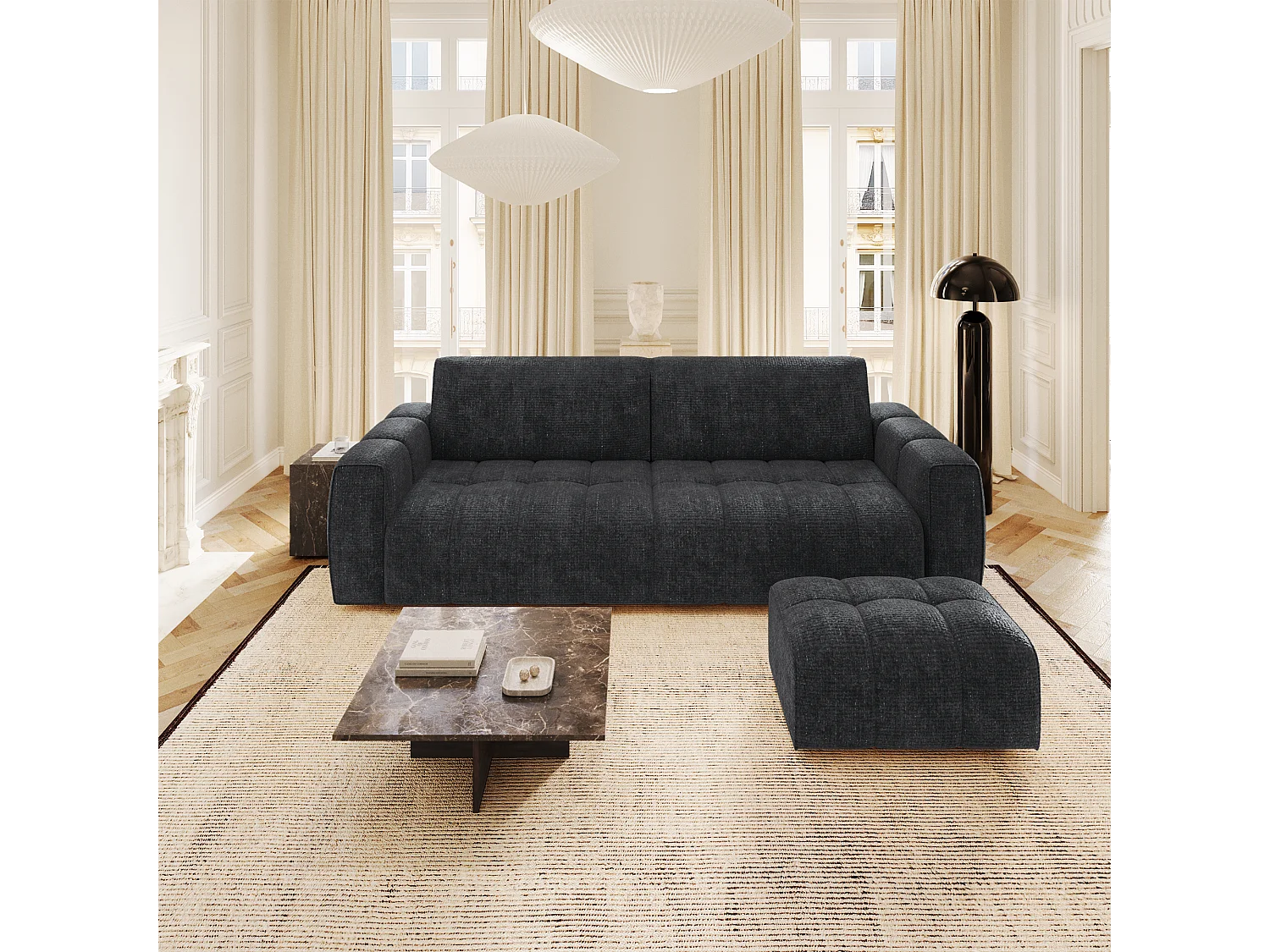 Canapé 4 places velours chenillé anthracite foncé BARI