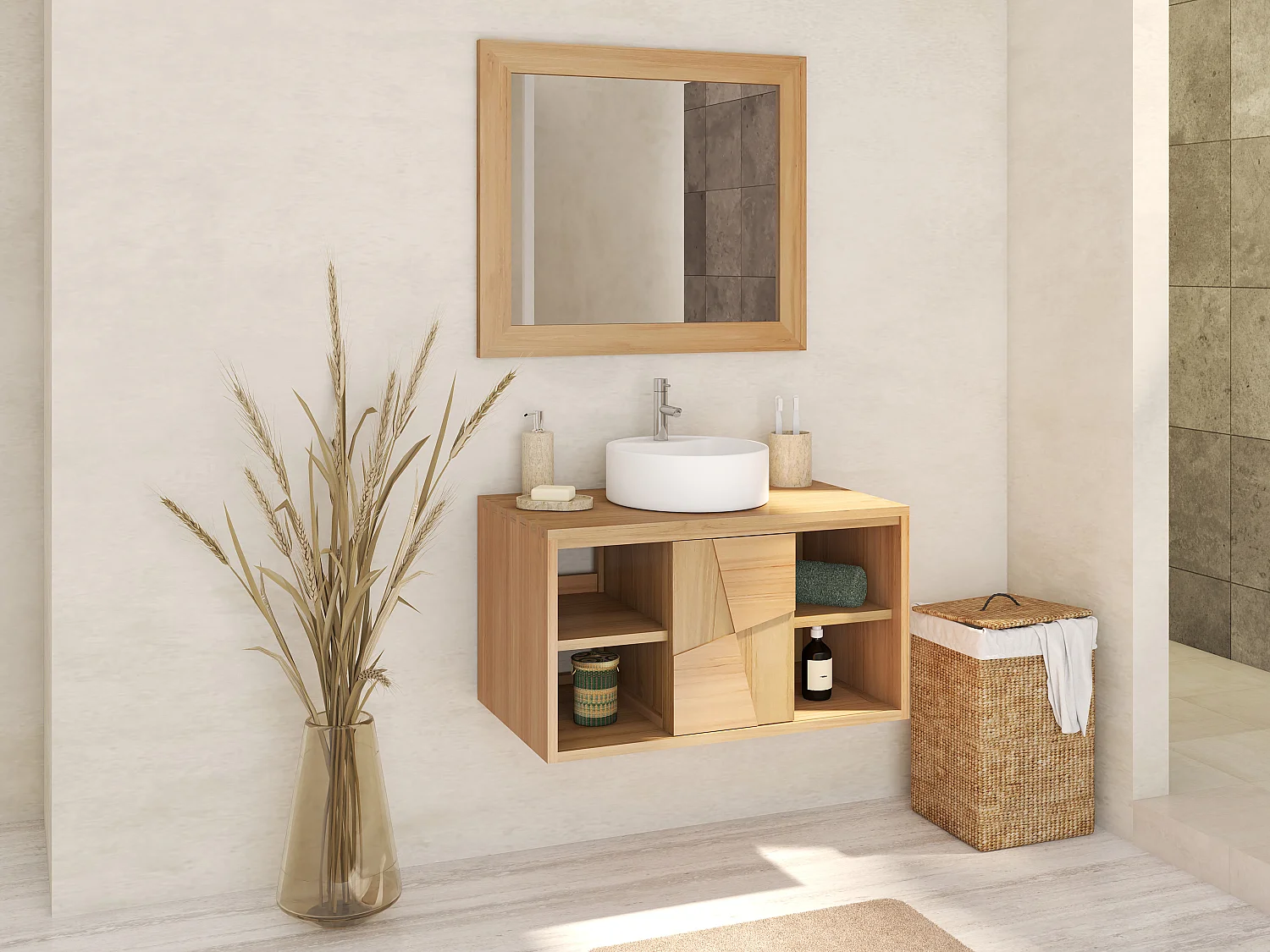 Meuble sous vasque suspendu en teck - L80 cm - SUMBAWA