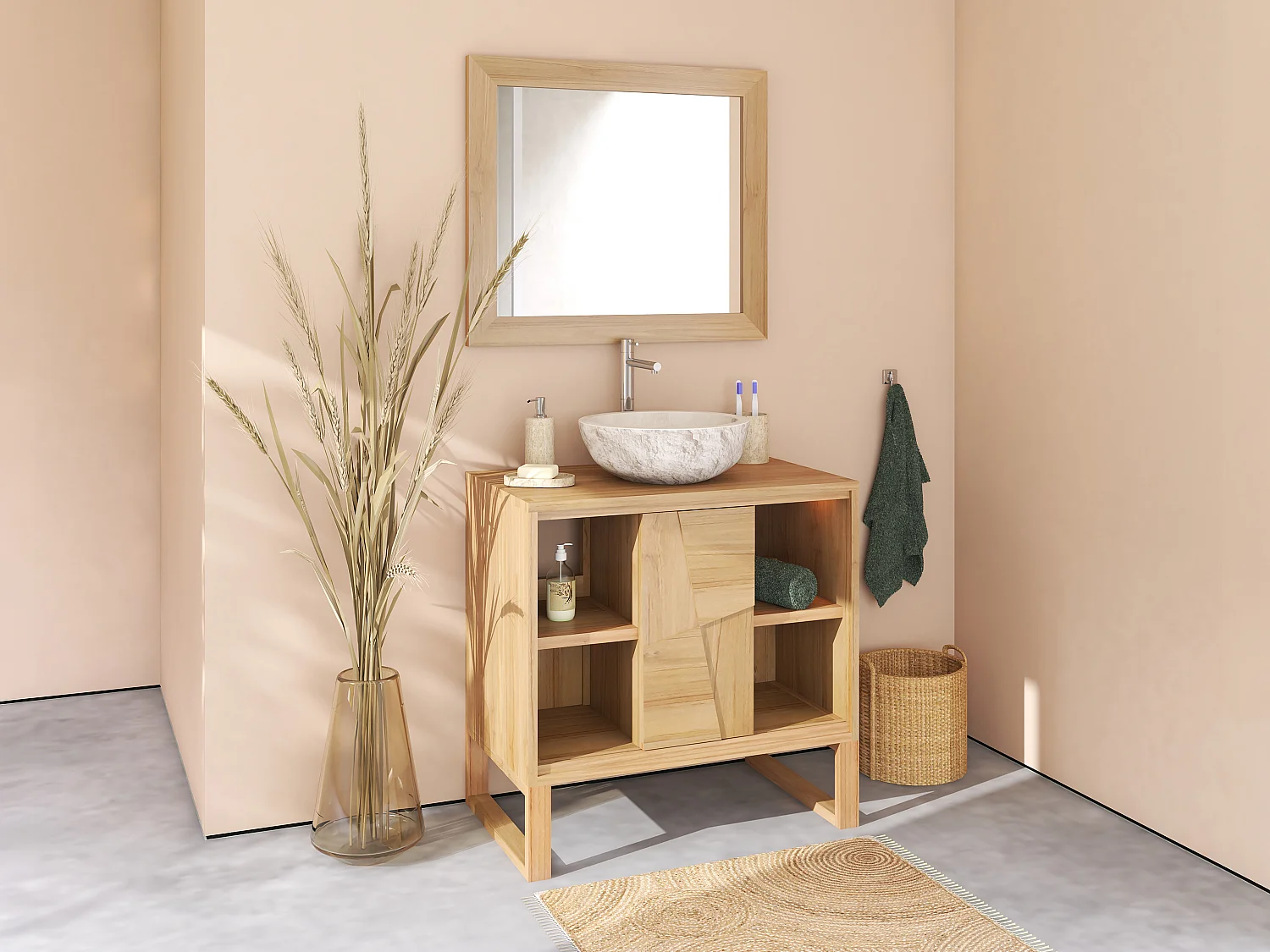 Meuble sous vasque sur pieds en teck - L80 cm - MATARAM