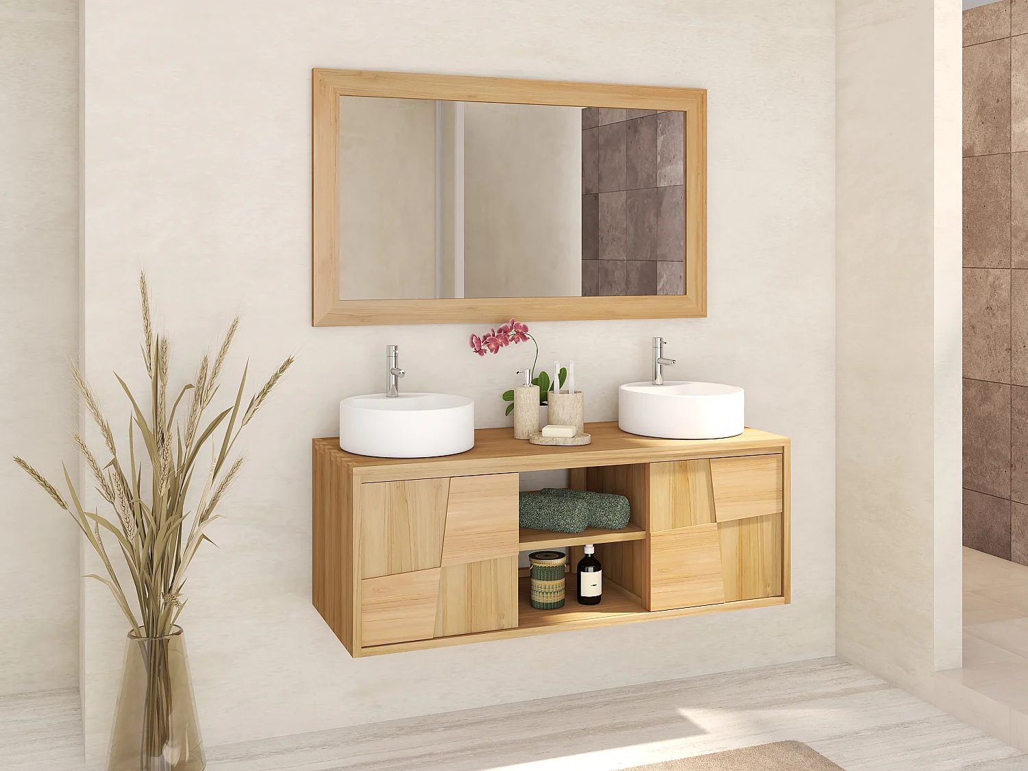 Meuble sous vasque suspendu en teck - L120 cm - SUMBAWA